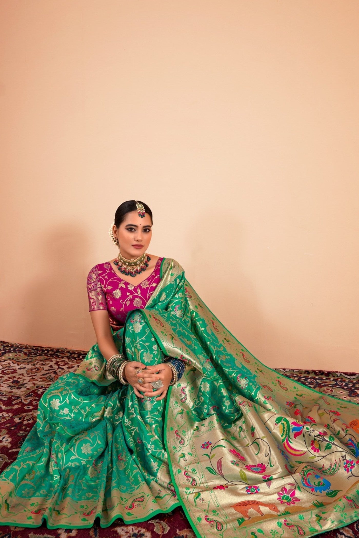 Lincoln Green Woven Paithani Saree