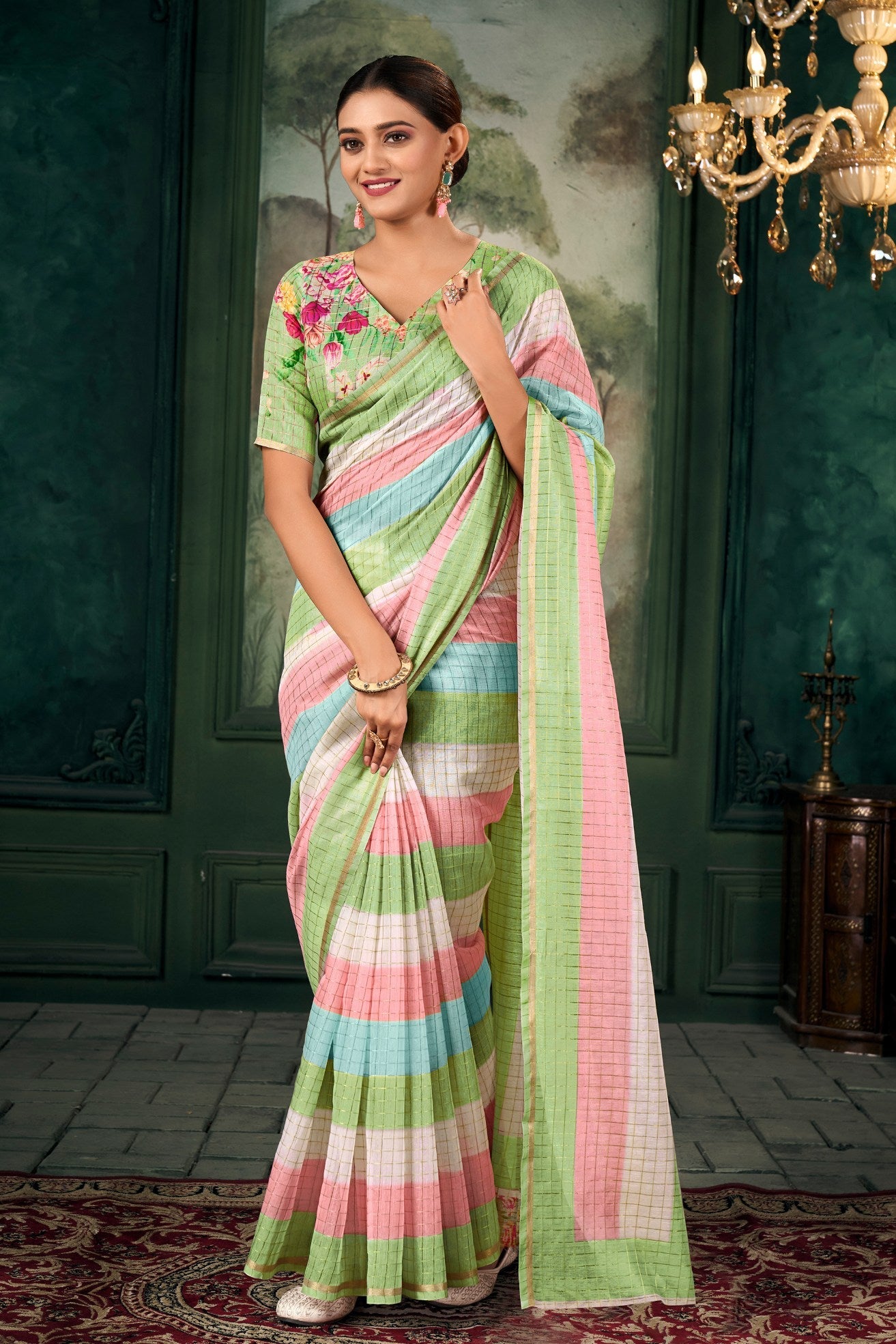 Olivine Green Chanderi Linen Saree