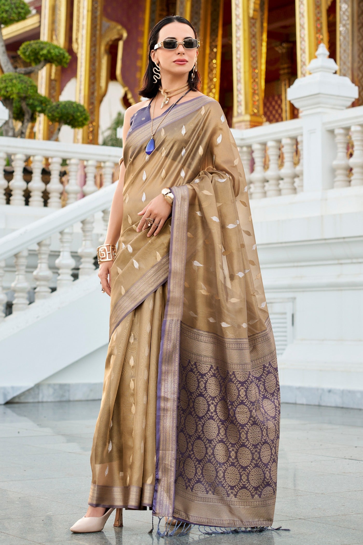 Bistre Brown Tissue Silk Saree