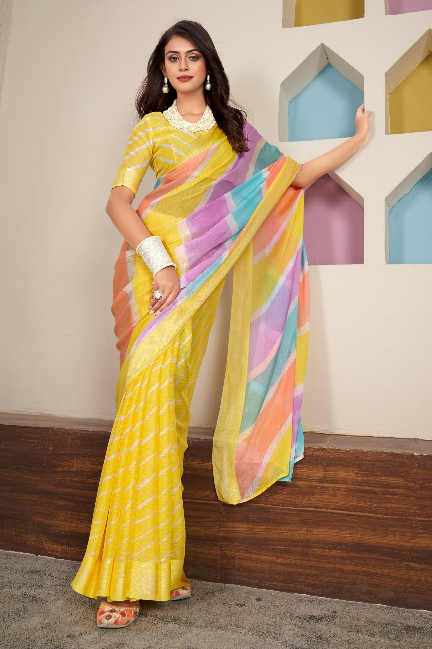 Sun Flower Yellow Printed Satin Silk Saree