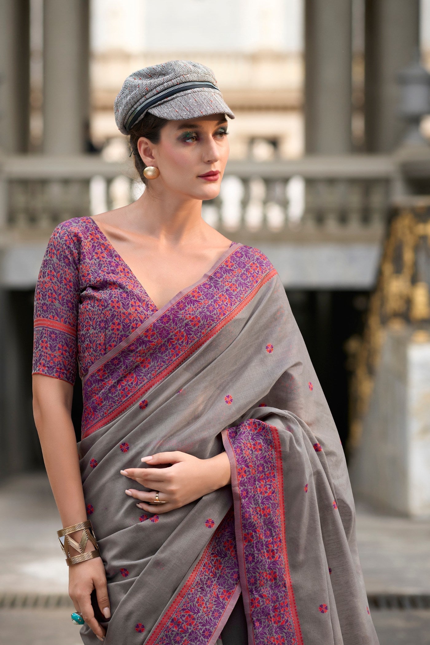 Smokey Grey Handloom Linen Cotton Saree