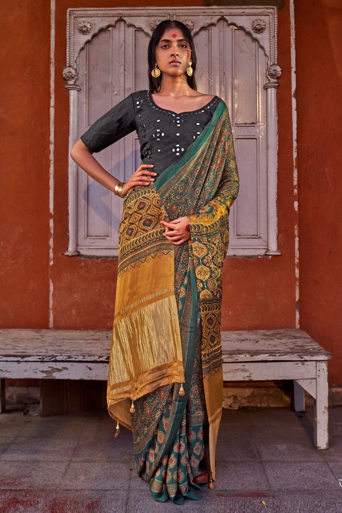 Lime Green and Yellow Ajrakh Handprinted Satin Saree