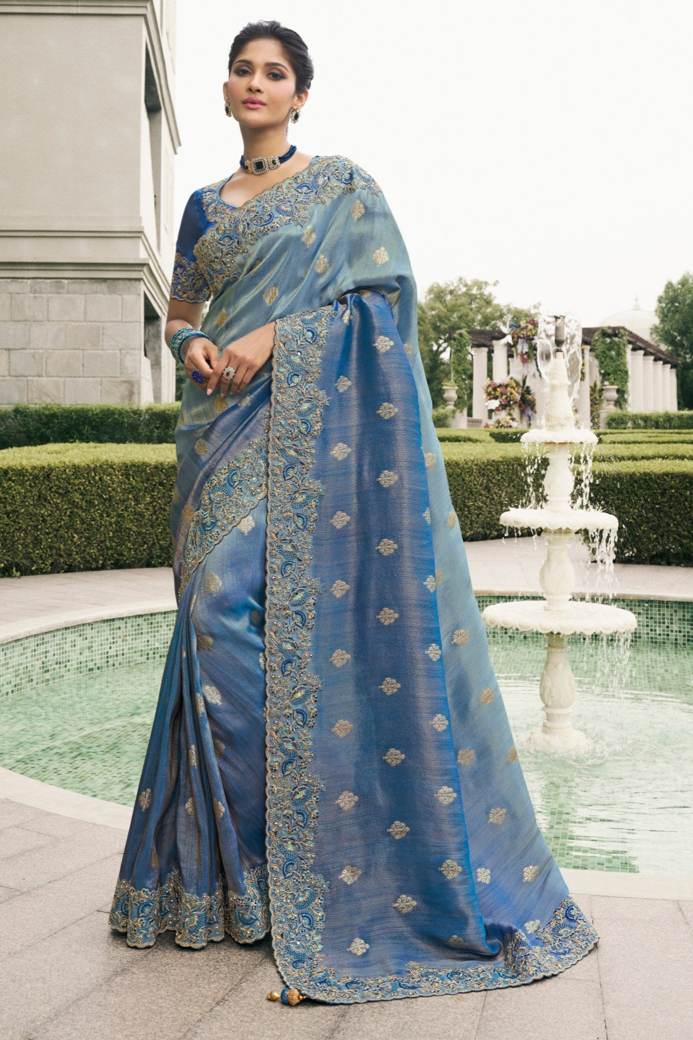 Lynch Blue Banarasi Designer Embroidered Saree