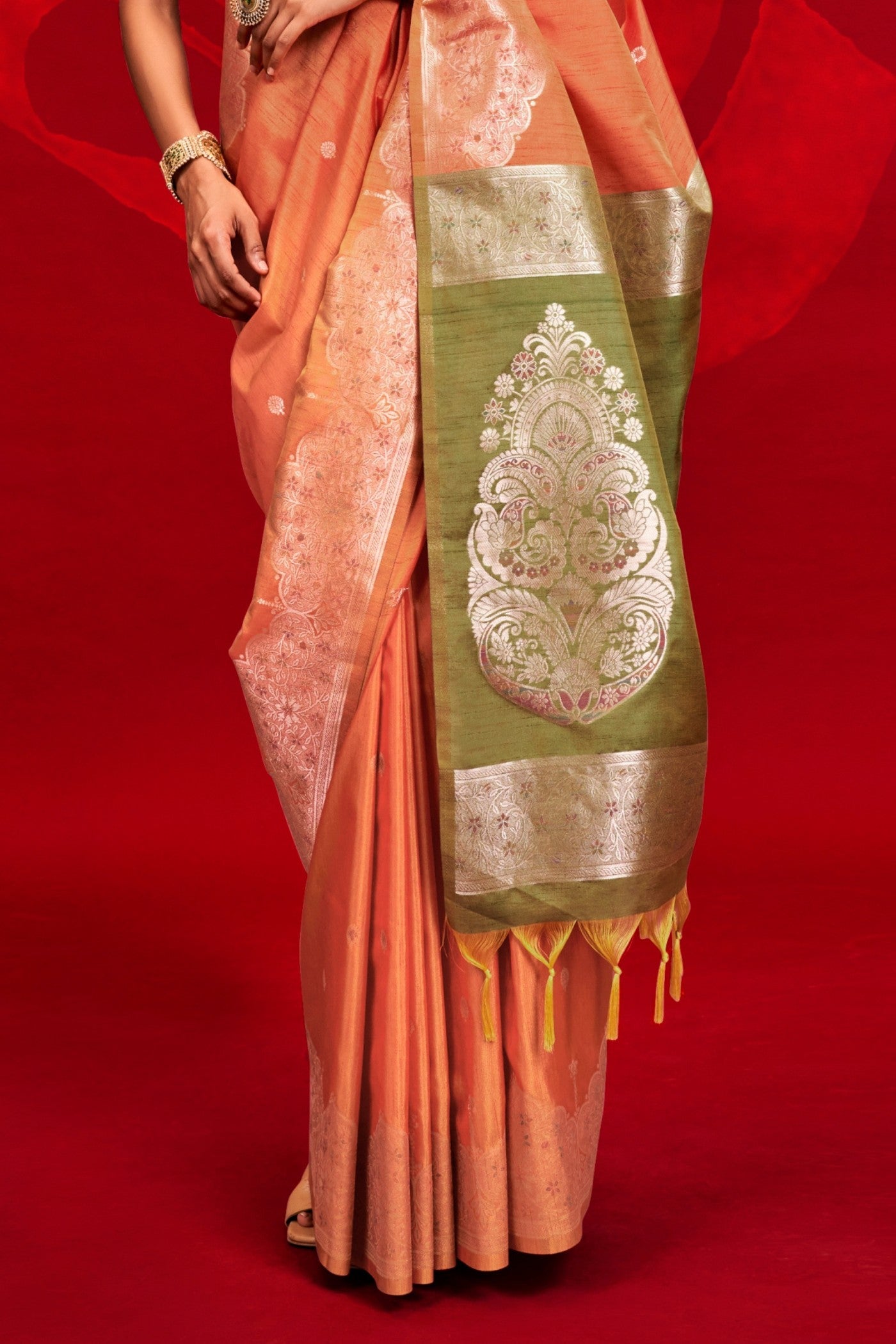 Apricot Orange Tussar Handloom Silk Saree