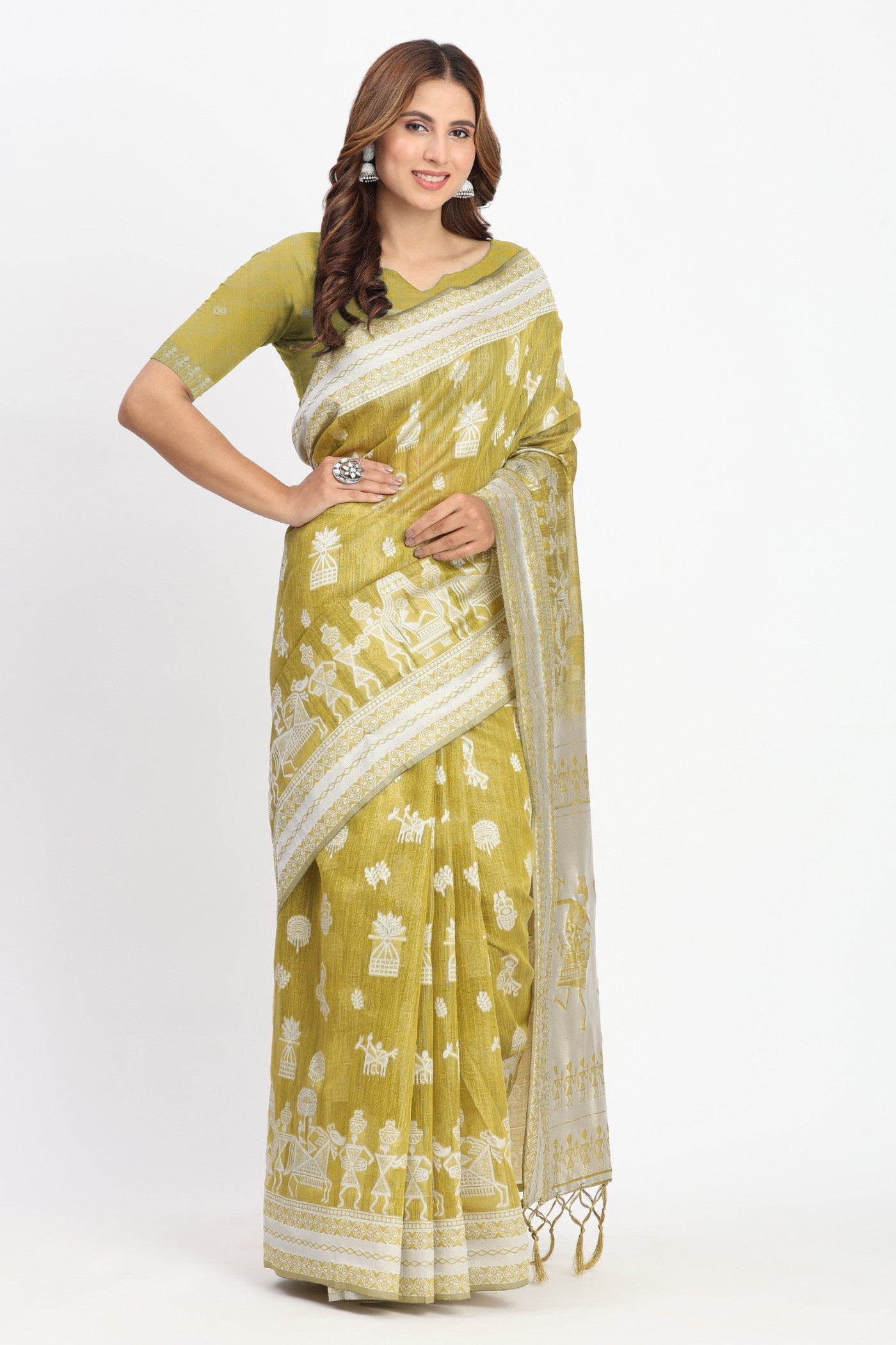Green Lizard Woven Linen Cotton Saree