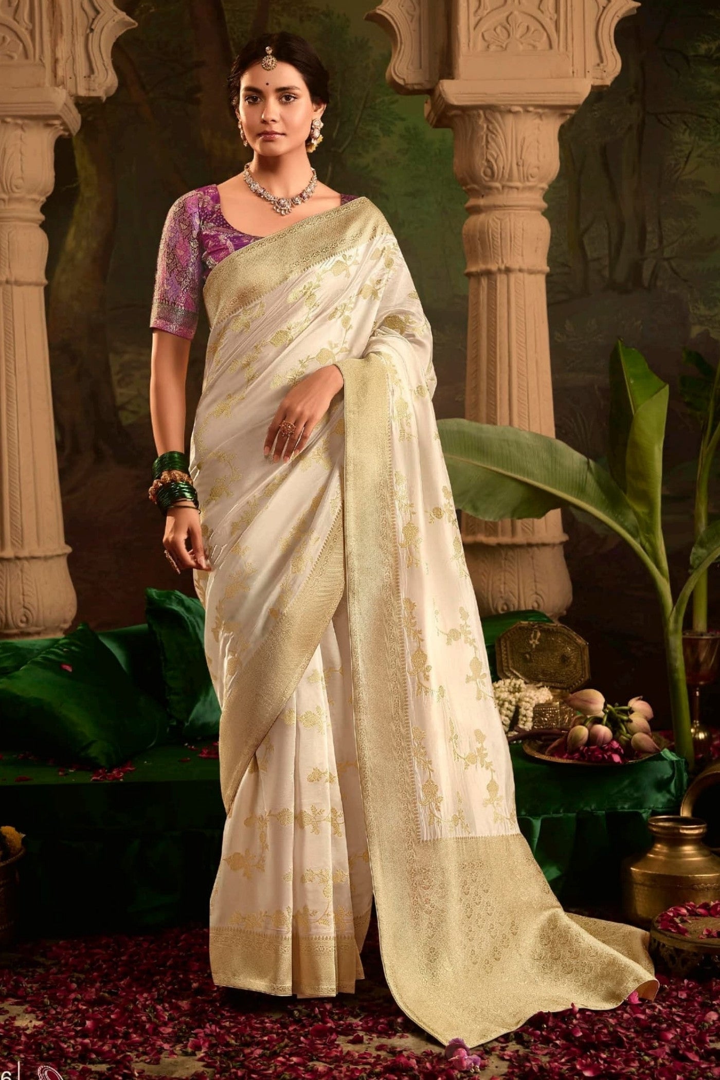 Barley White Designer Banarasi Dola Silk Saree