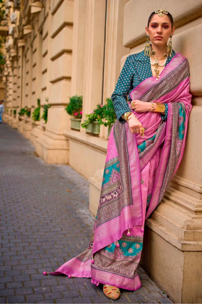 Deep Blush Pink Printed Patola Saree