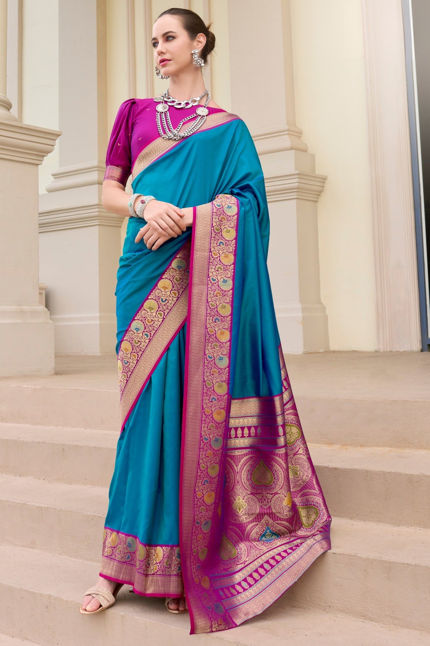 Bahama Blue Woven Banarasi Soft Silk Saree