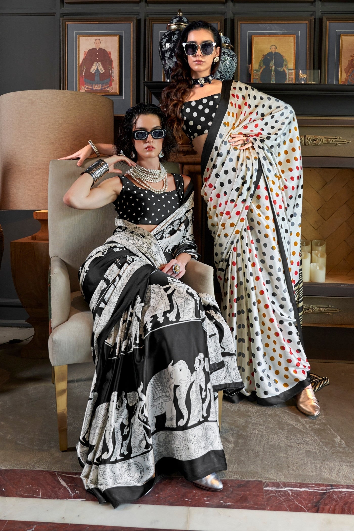 Porcelain White and Black Patola Printed Satin Crepe Saree