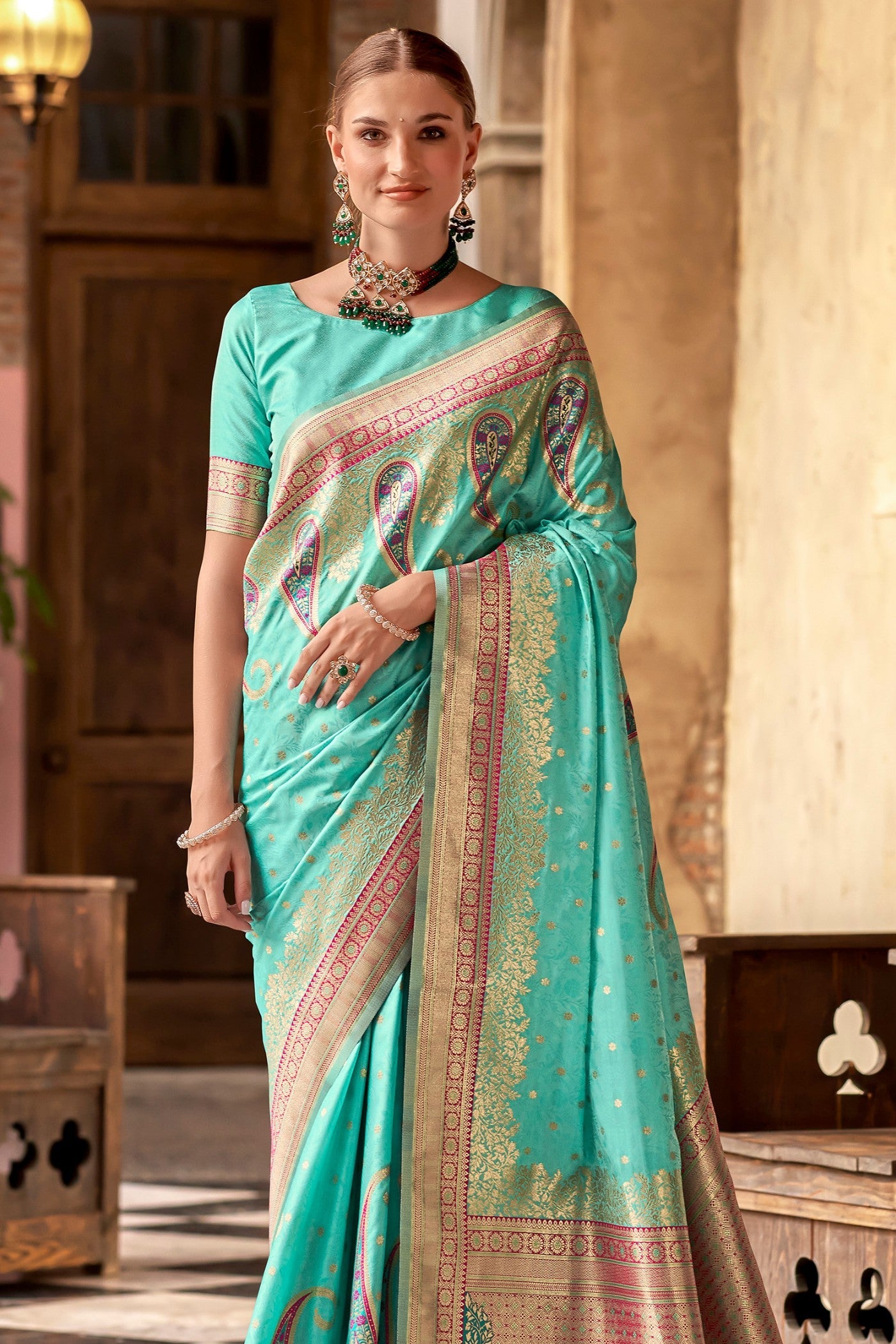 Sky Blue Banarasi Soft Silk Saree