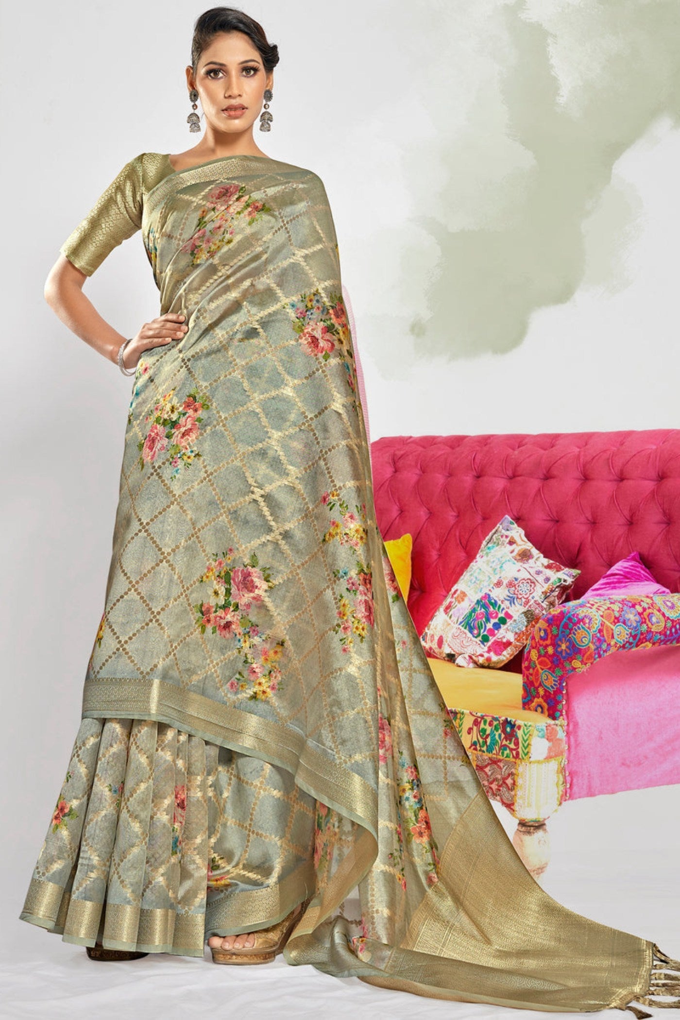 Dolphin Grey Digital Printed Banarasi Saree