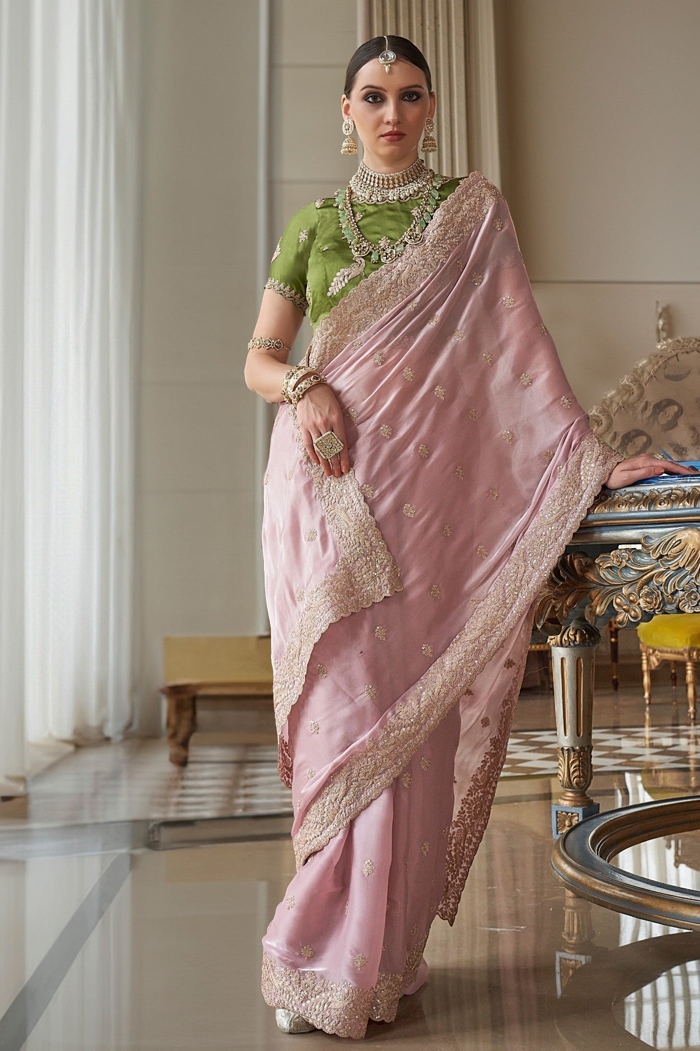 Brandy Rose Pink Tissue Designer Saree