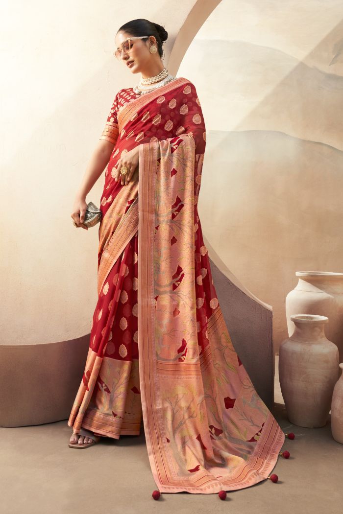 Tall Poppy Red Woven Georgette saree