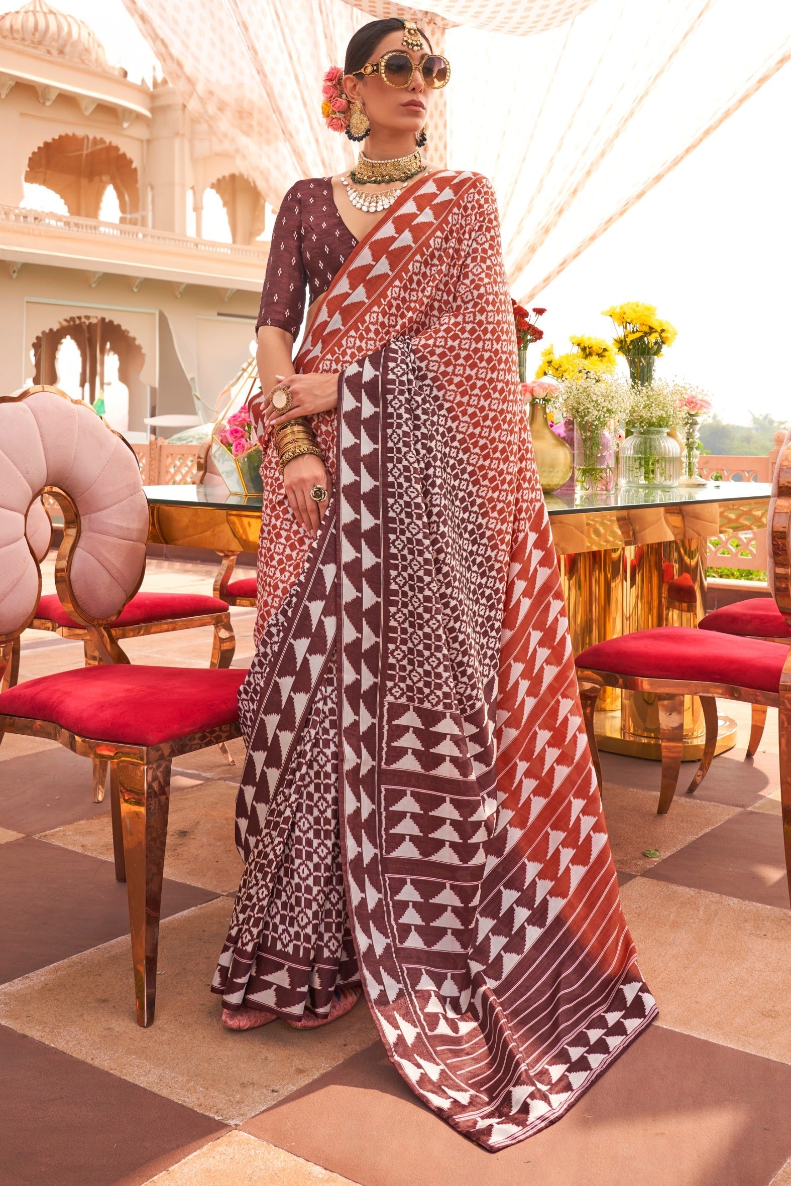 Fuzzy Orange and Brown Printed Patola Saree