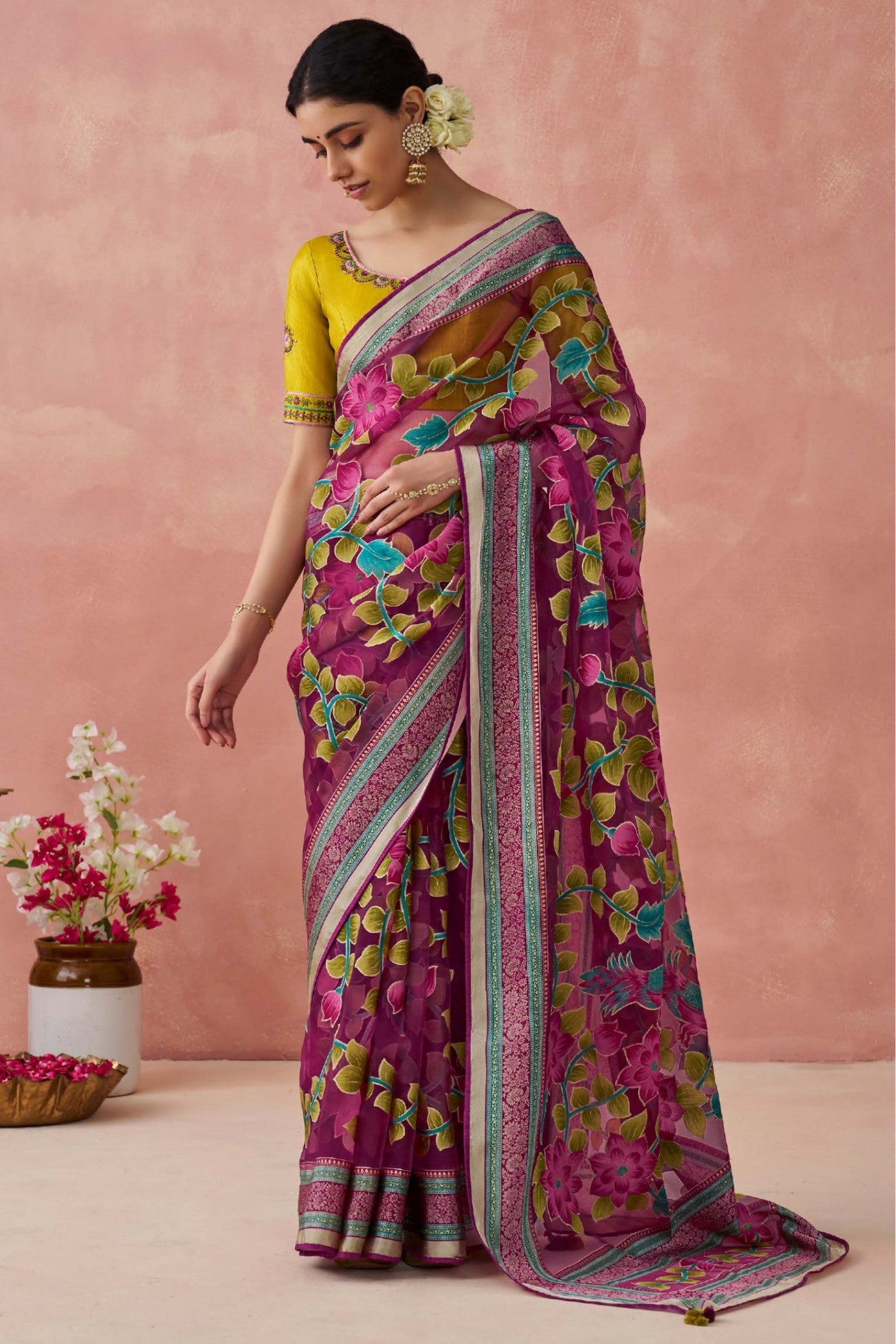 Heath Maroon Brasso Organza Printed Saree