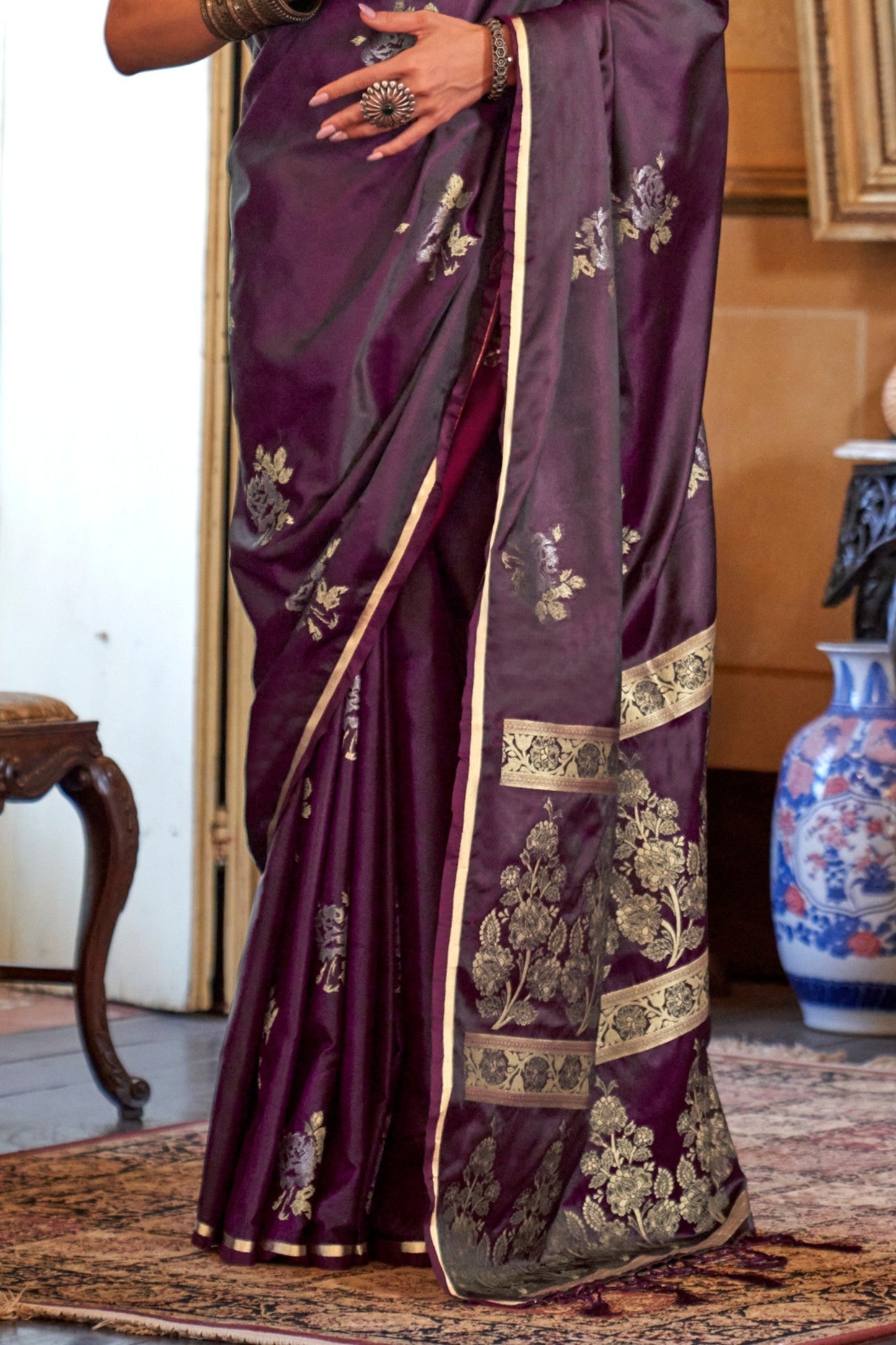 Caramel Brown Banarasi Satin Saree