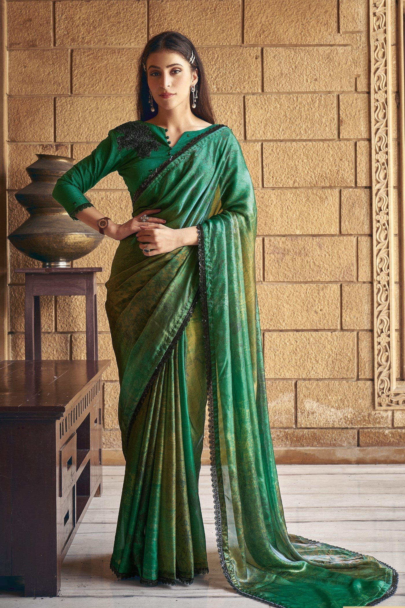 Amazon Green Satin Printed Silk Saree