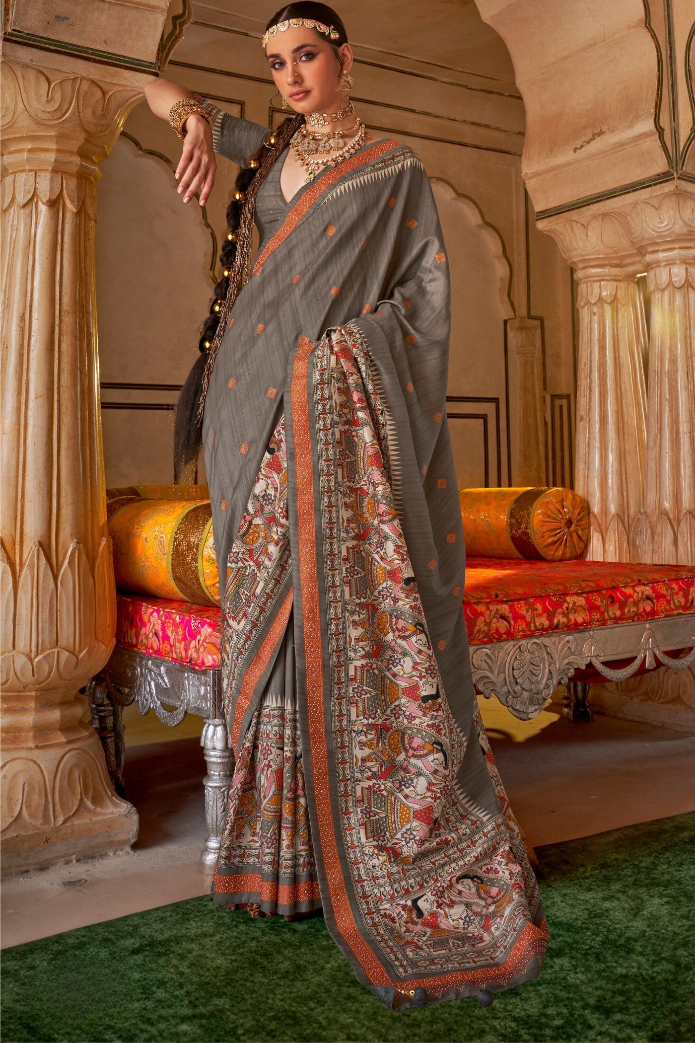 Porpoise Grey Printed Patola Saree