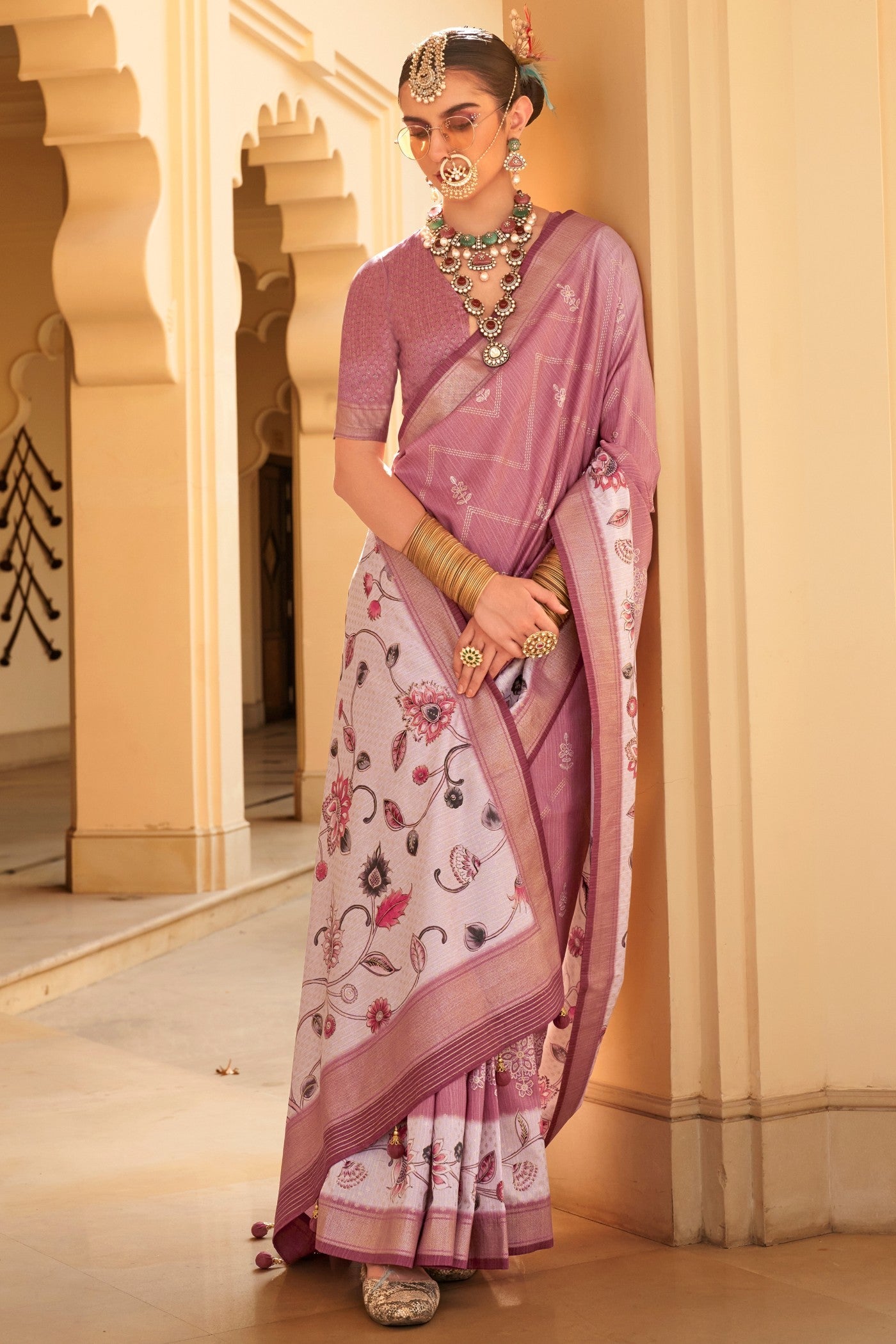 Mauvelous Pink Floral Printed Banarasi Saree