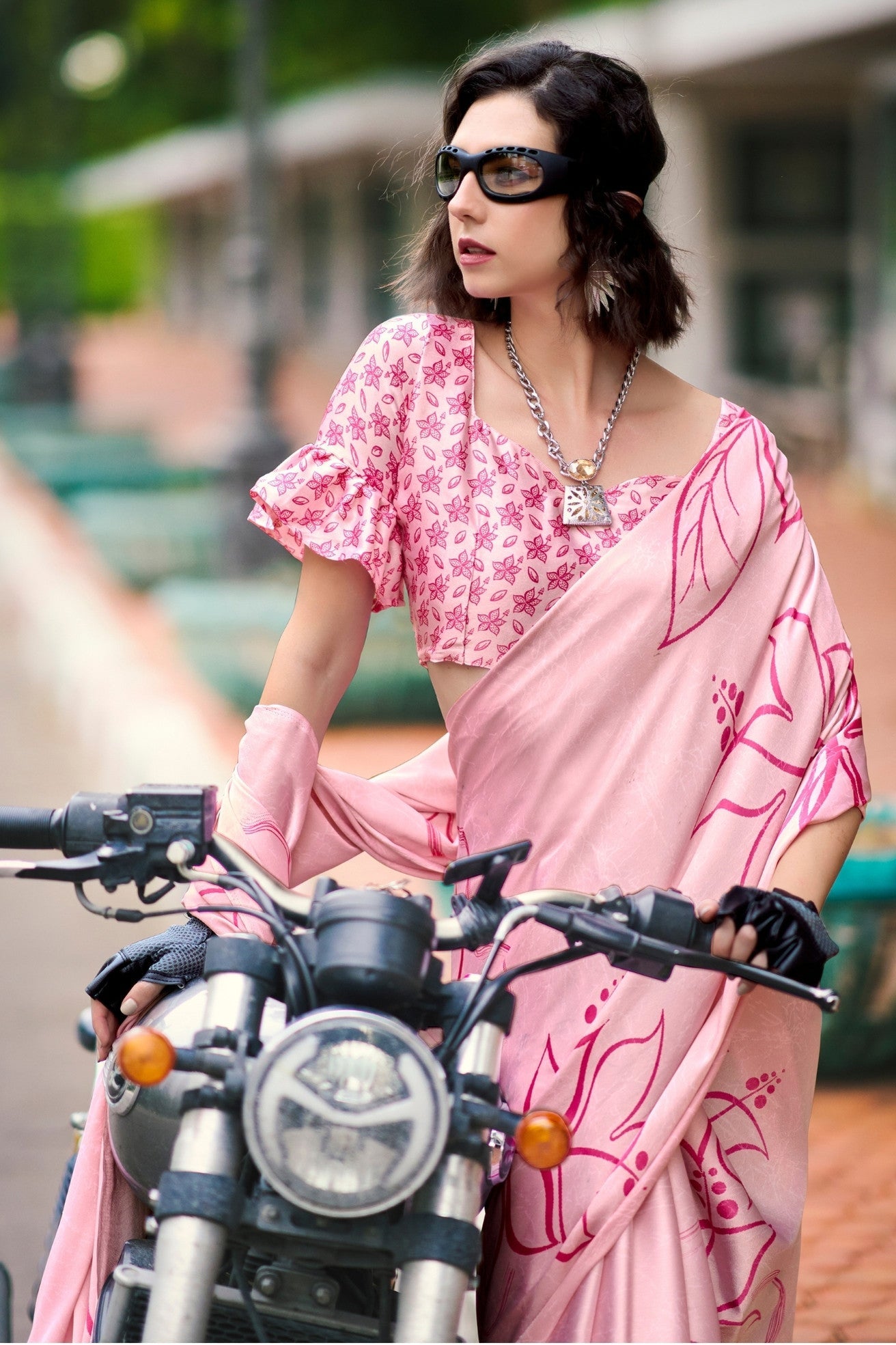 Baby Pink Printed Satin Crepe Saree