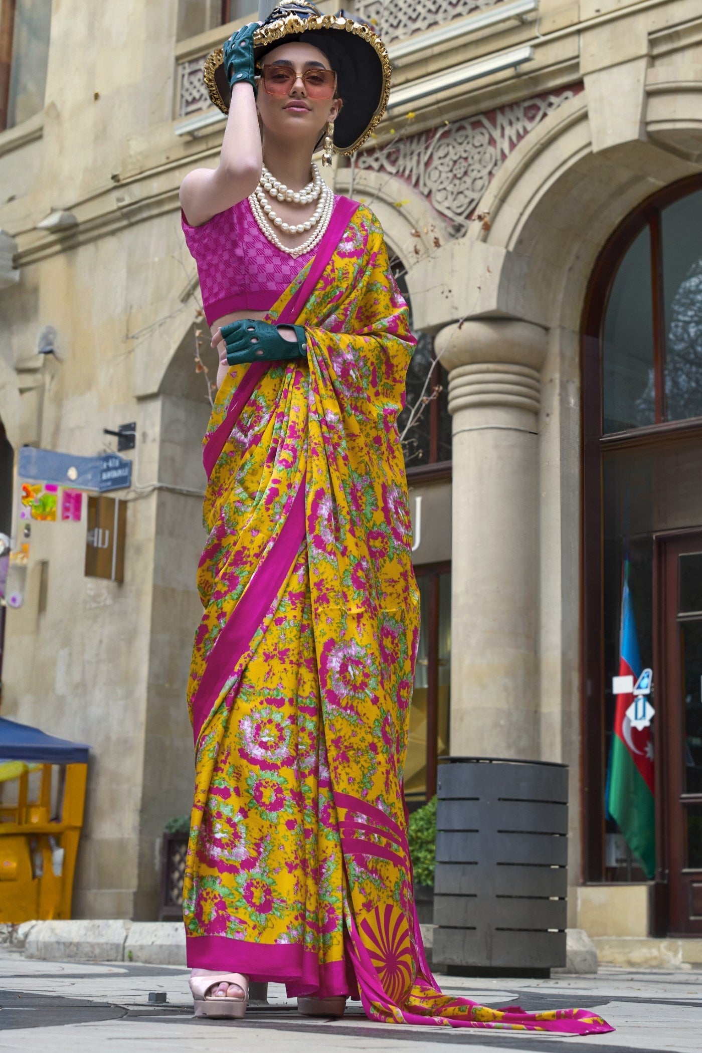 Dijon Yellow and Pink Printed Satin Crepe Silk Saree