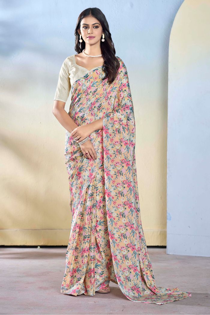 Vanila Cream and Pink Ready To Wear Georgette Saree