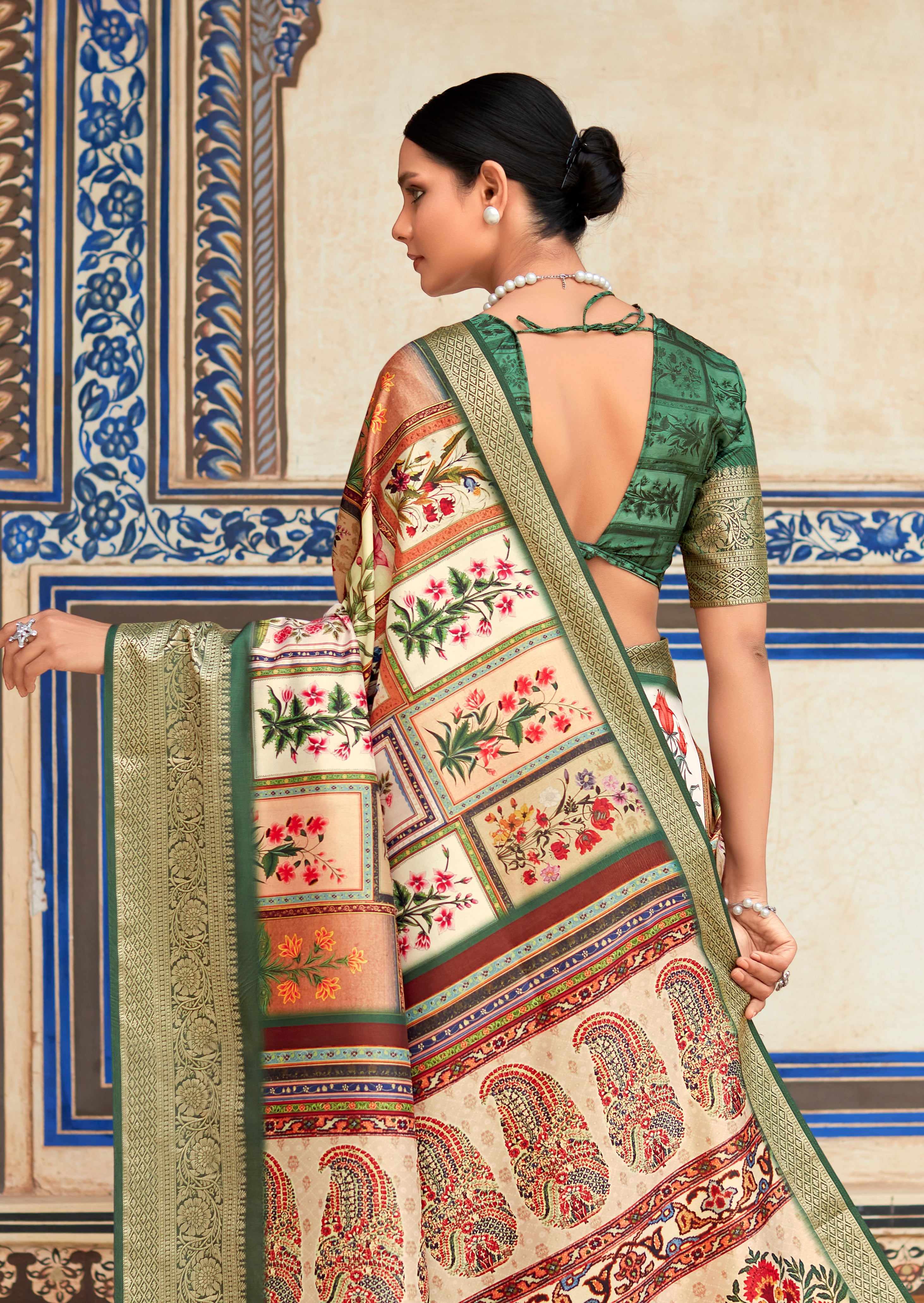 Fawn Green and Cream Banarasi Printed Silk Saree