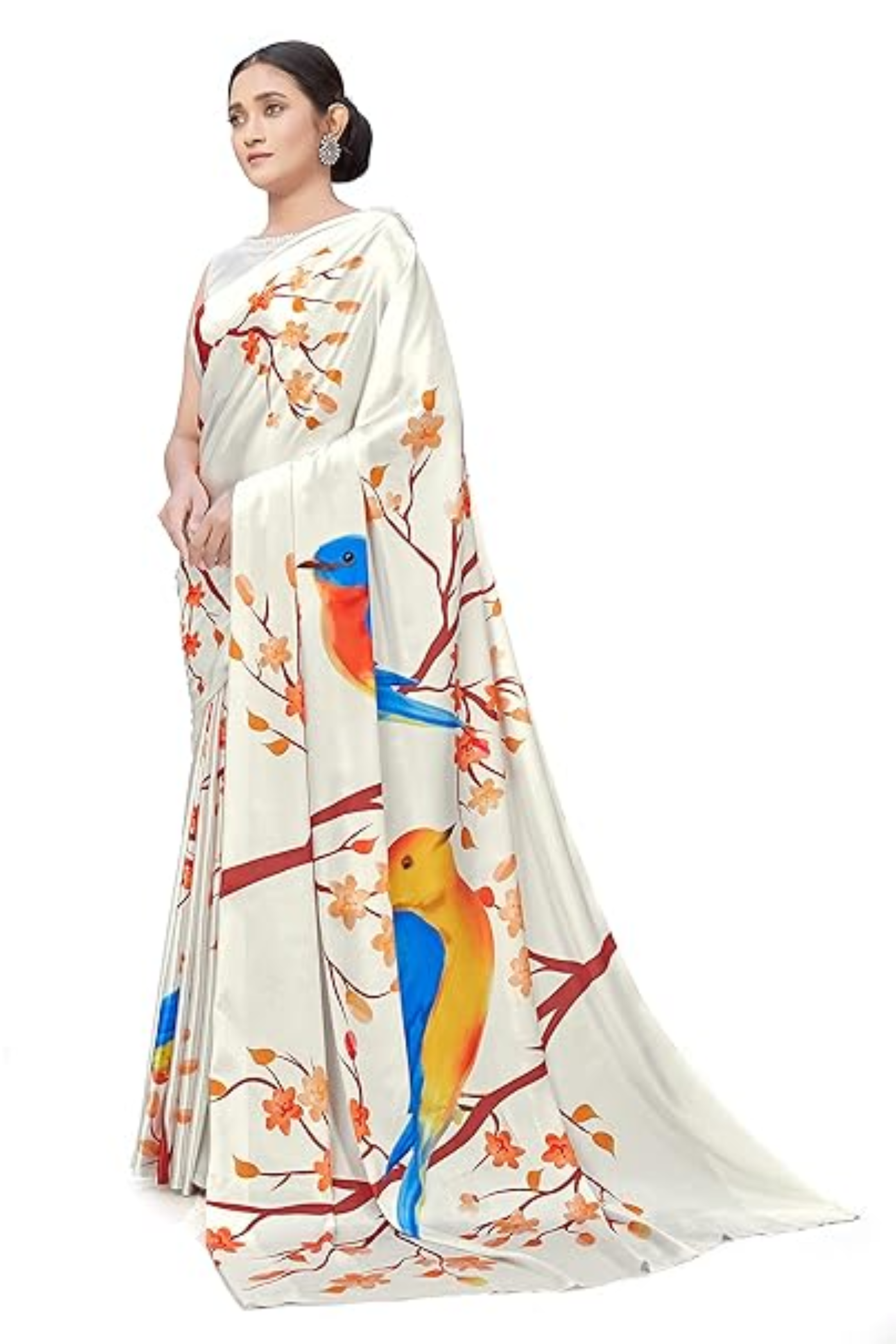 Cararra White Printed Satin Crepe Saree