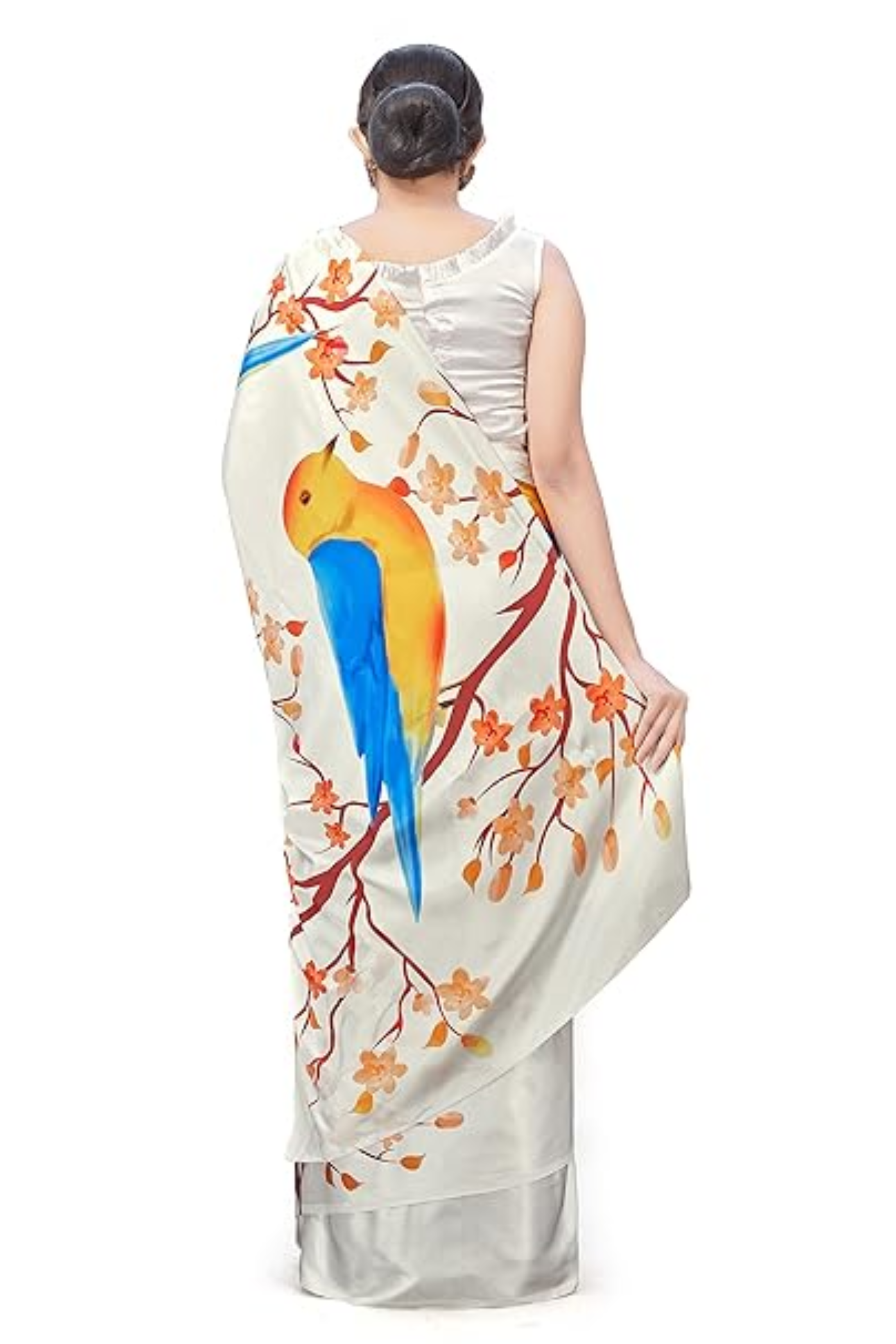 Cararra White Printed Satin Crepe Saree