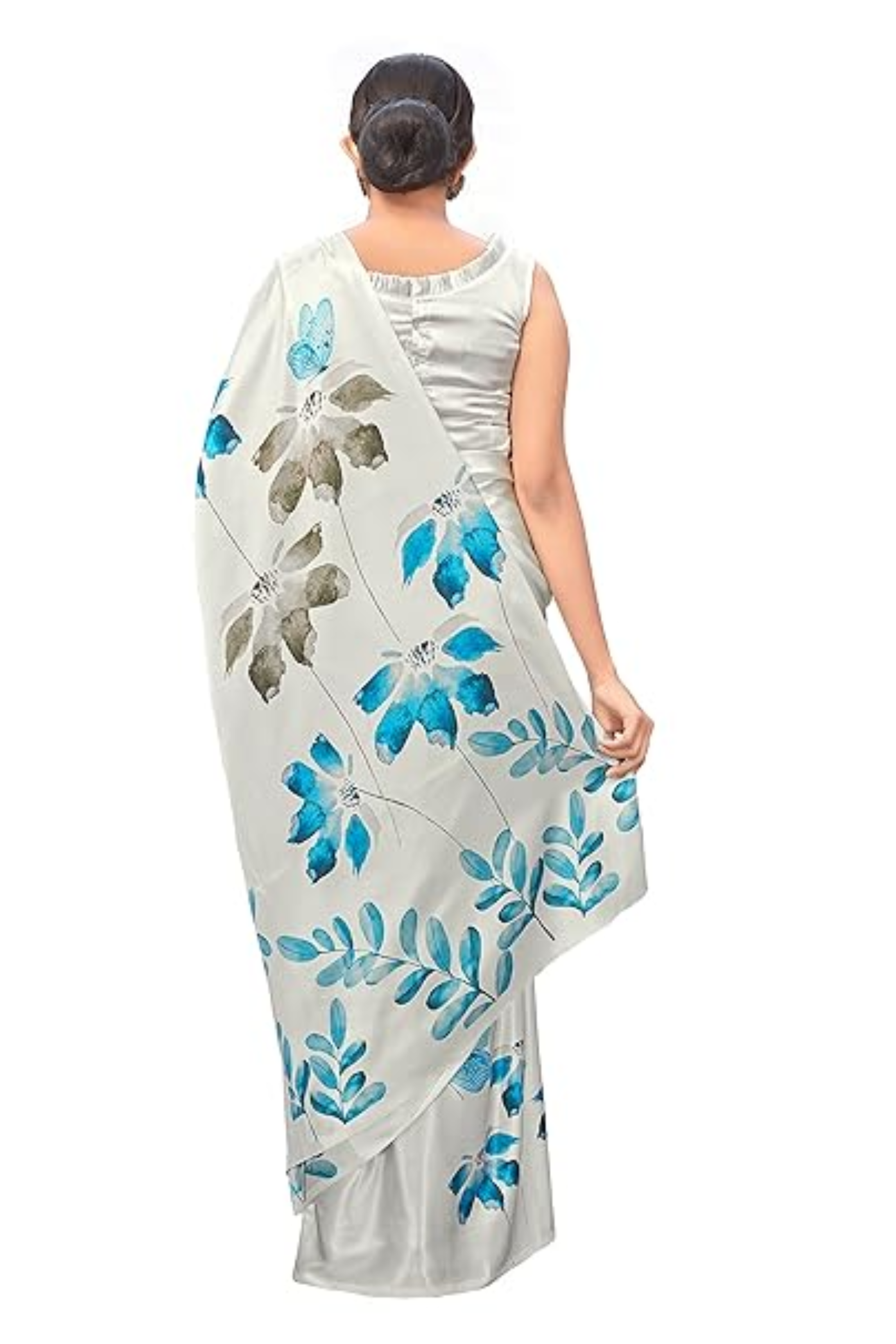 Westar White Printed Satin Crepe Saree