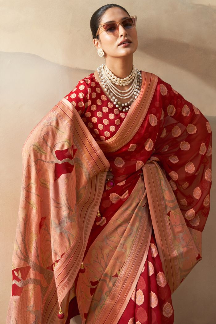 Tall Poppy Red Woven Georgette saree