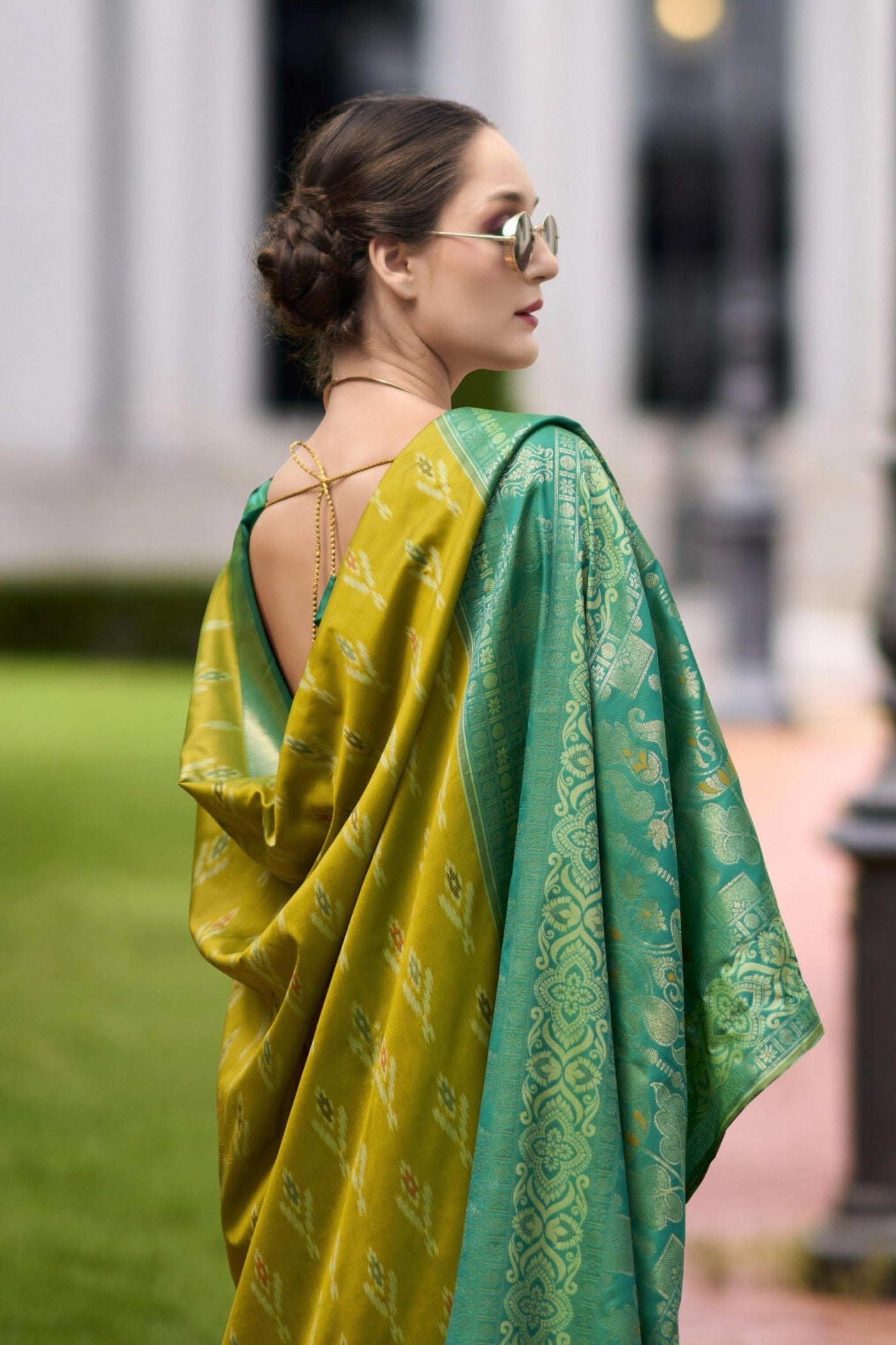 Alpine Green Woven Banarasi Soft Silk Saree