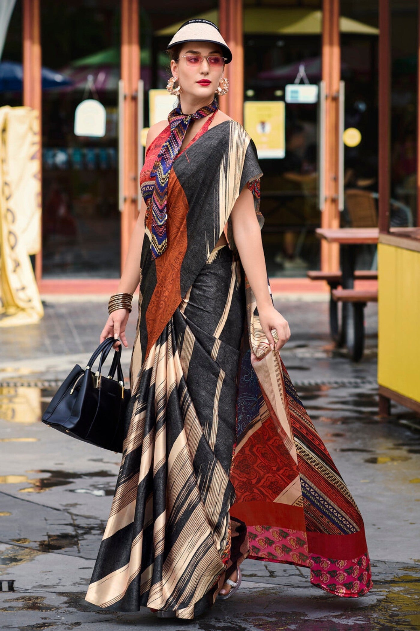 Brown and Black Printed Satin Crepe Silk Saree