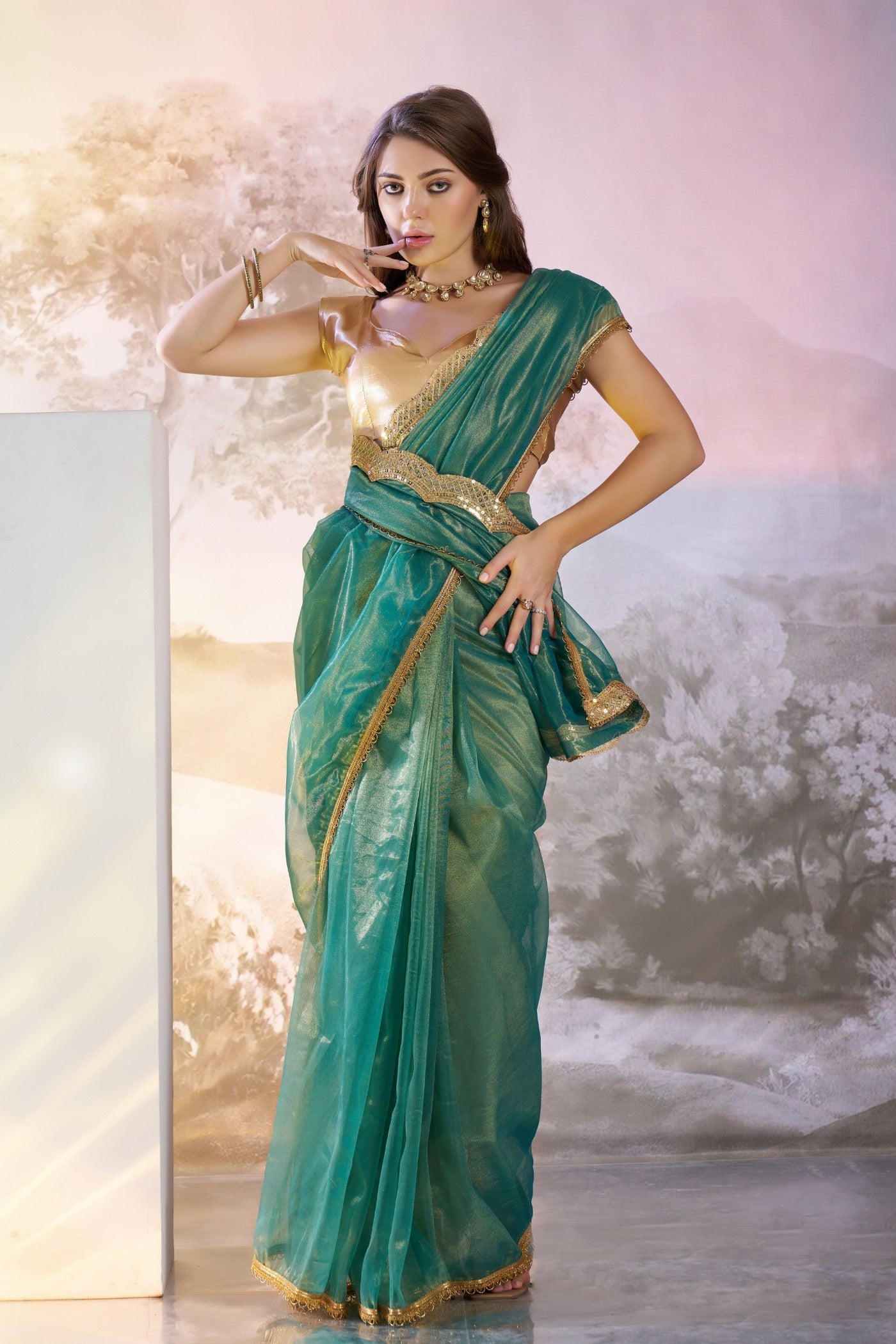 Dark Aqua Blue Partywea Net Saree