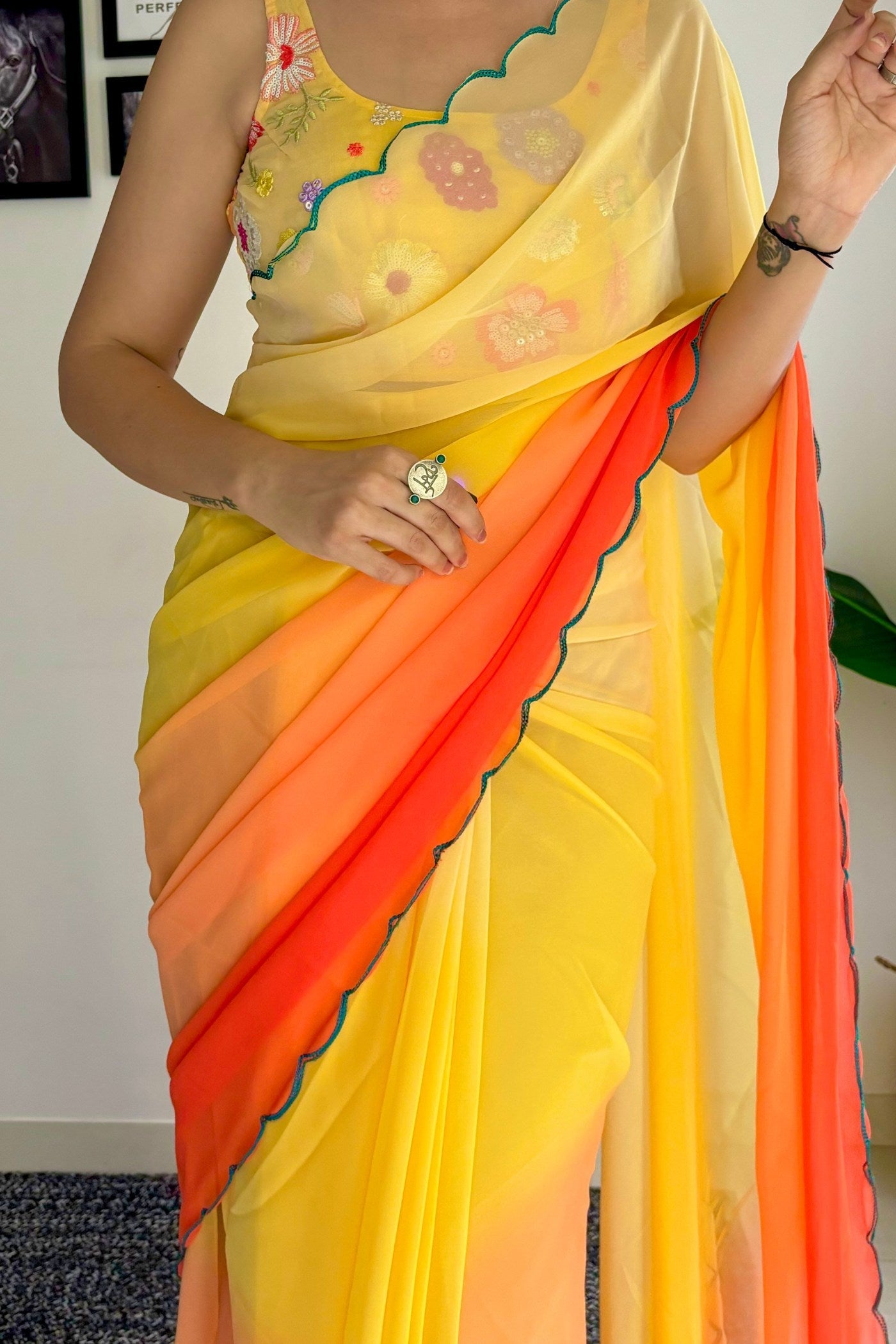 Titanium Yellow Georgette Saree