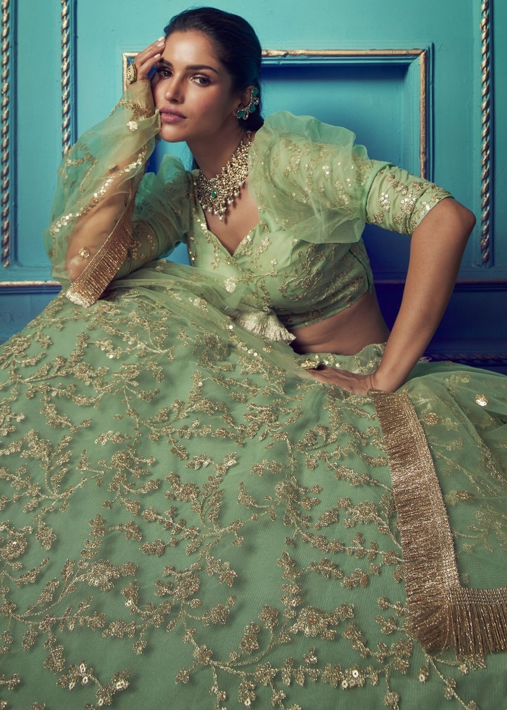 Sage Green Designer Soft Net Lehenga Choli