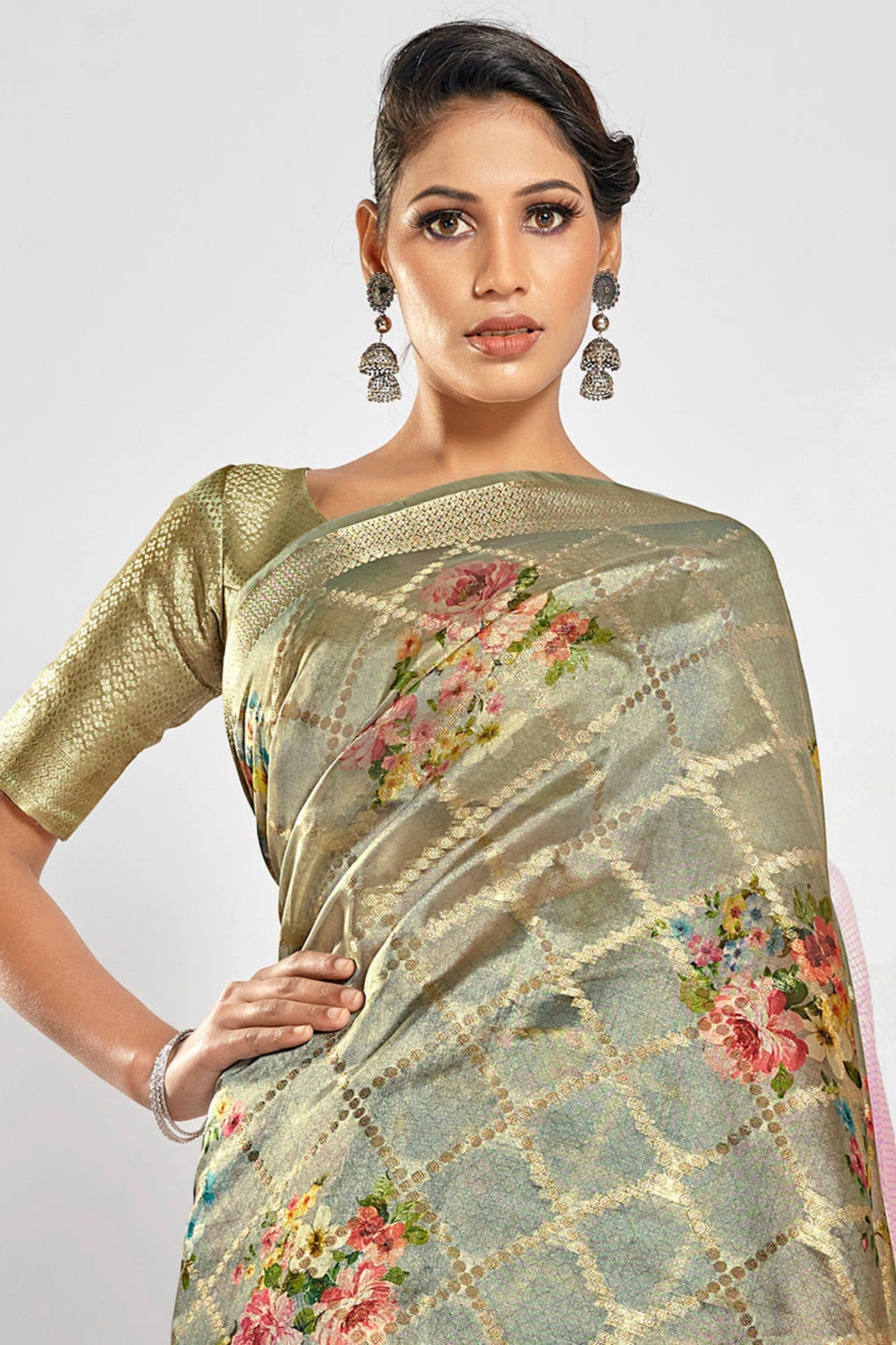 Dolphin Grey Digital Printed Banarasi Saree