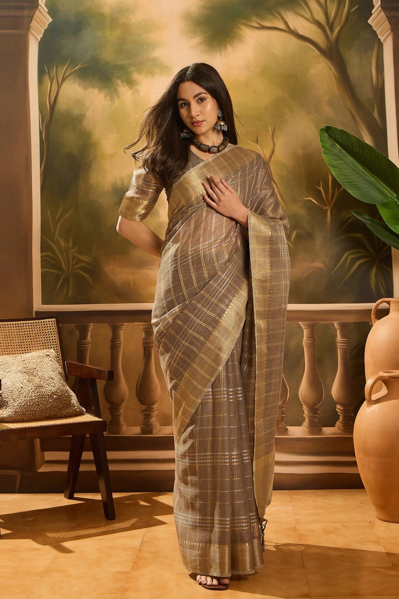 Walnut Brown Woven Organza Saree