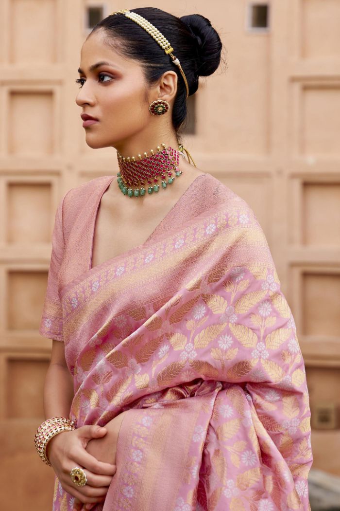 Shimmer Pink Woven Banarasi Saree