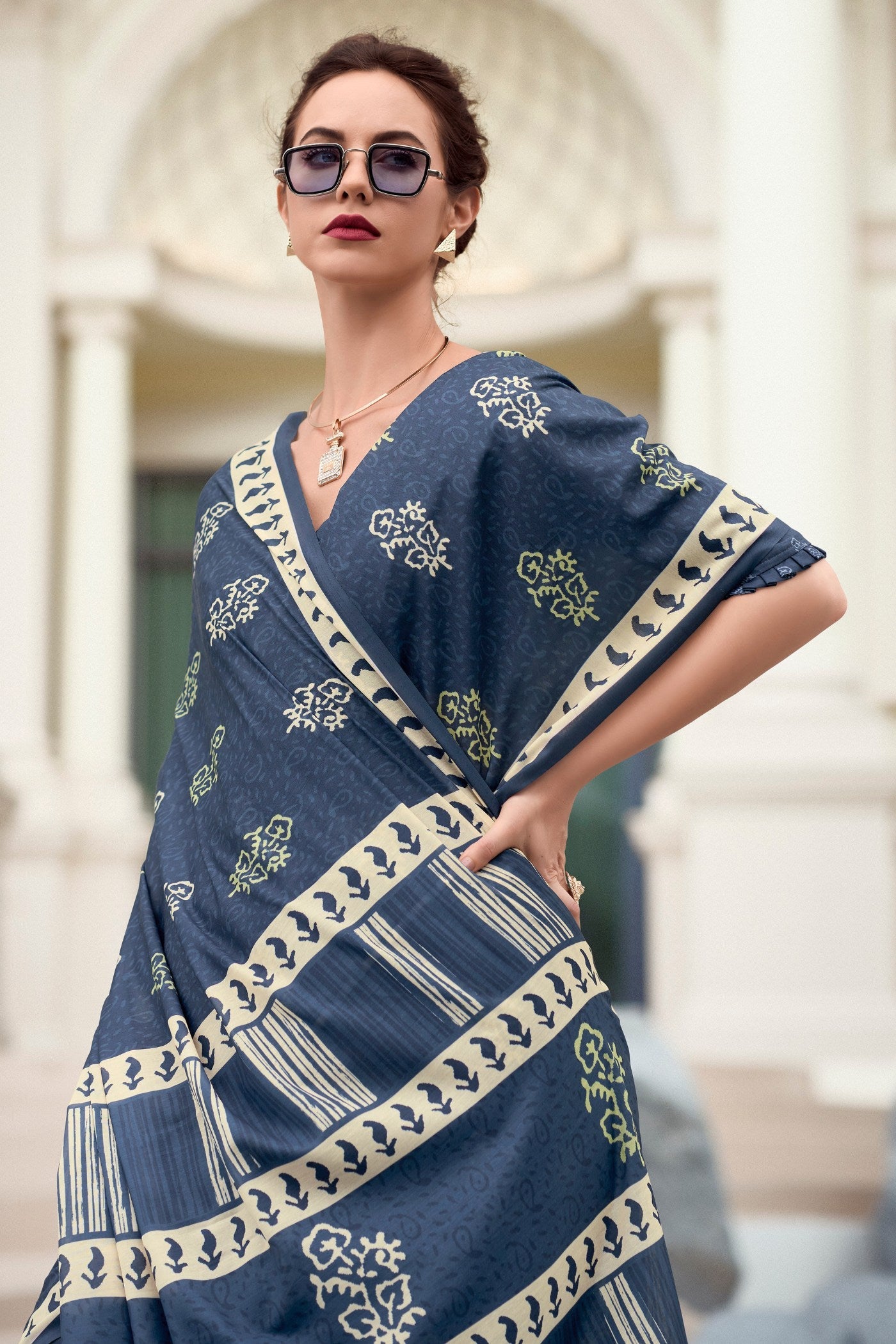 Fiord Blue Mul Mul Cotton Saree