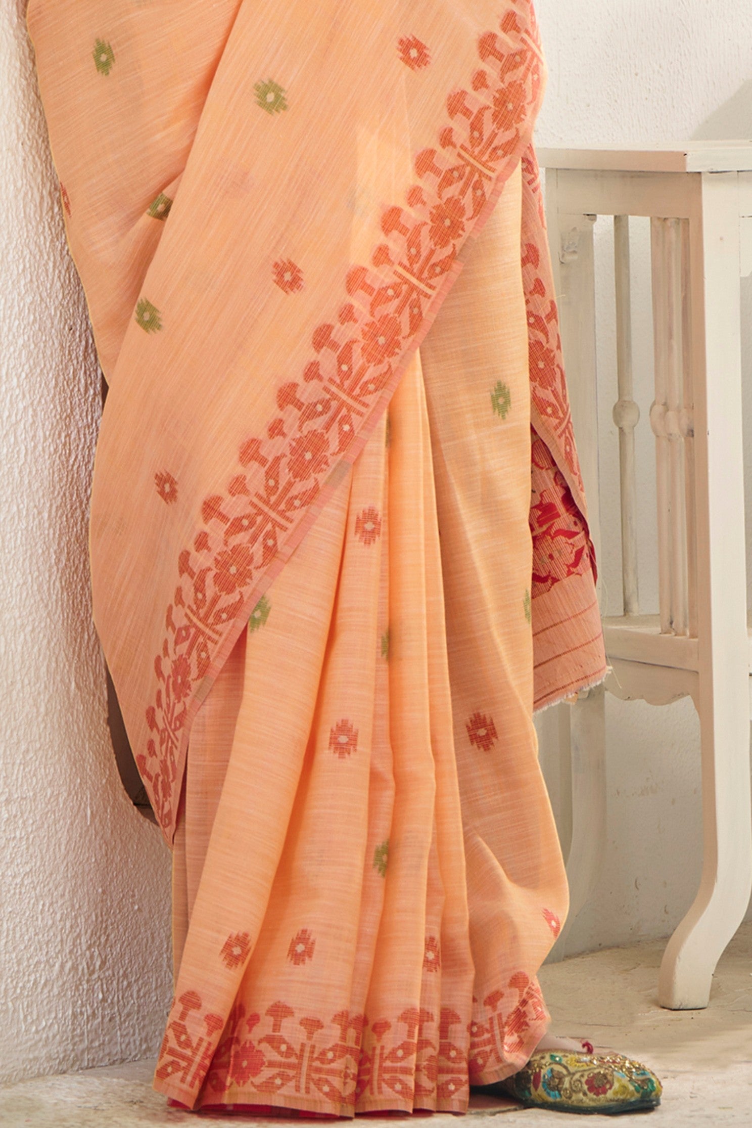 Apricot Peach Woven Linen Saree