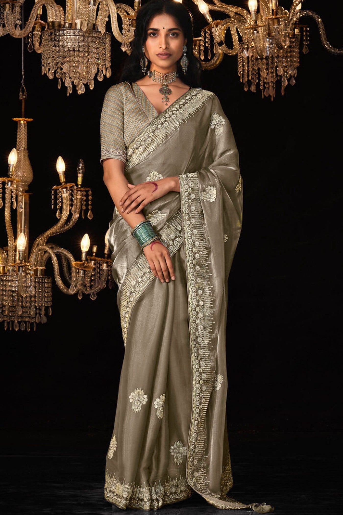 Gold Shade Brown Tissue Embroidered Designer Saree