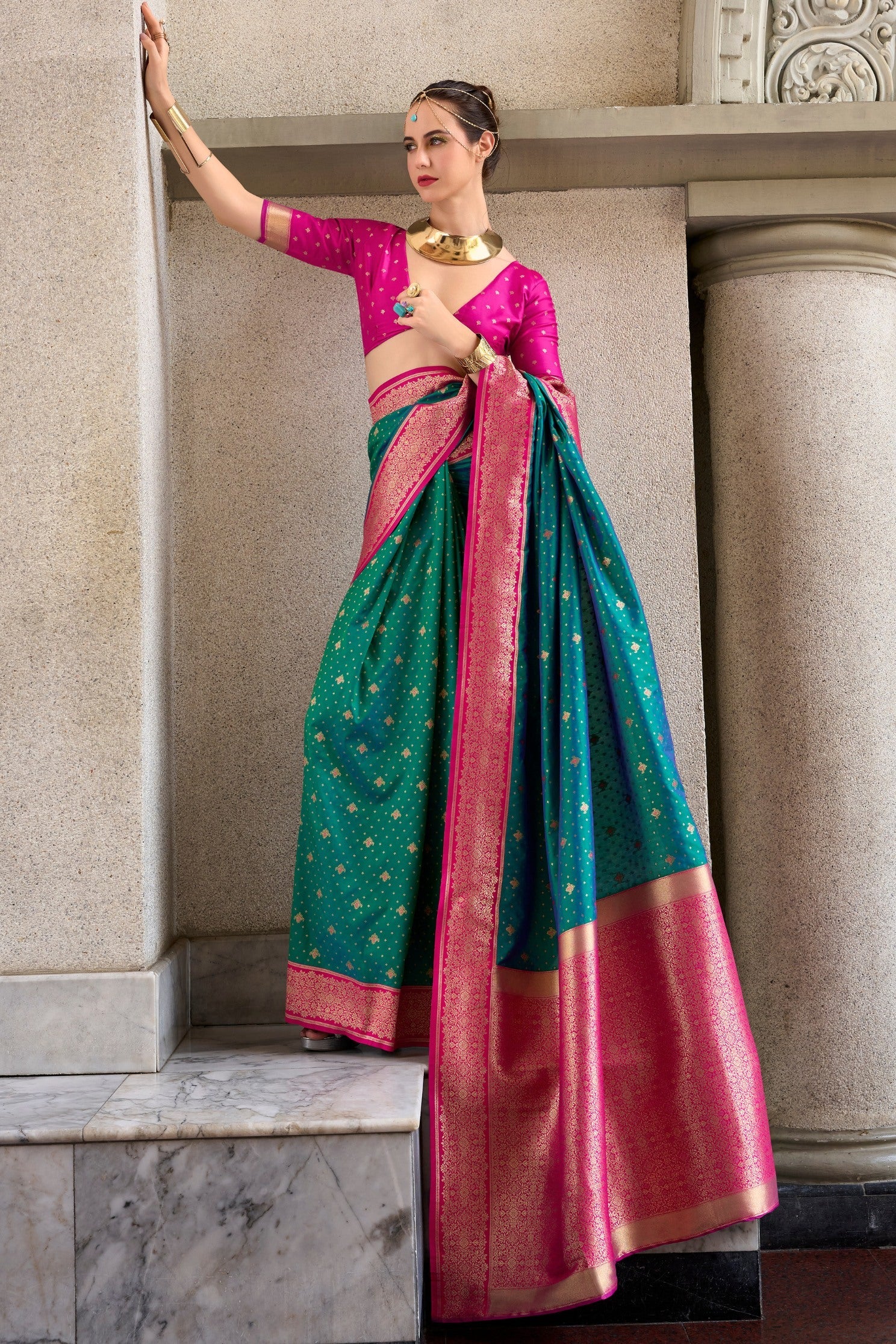 Plantation Green and Pink Zari Woven Banarasi Soft Silk Saree