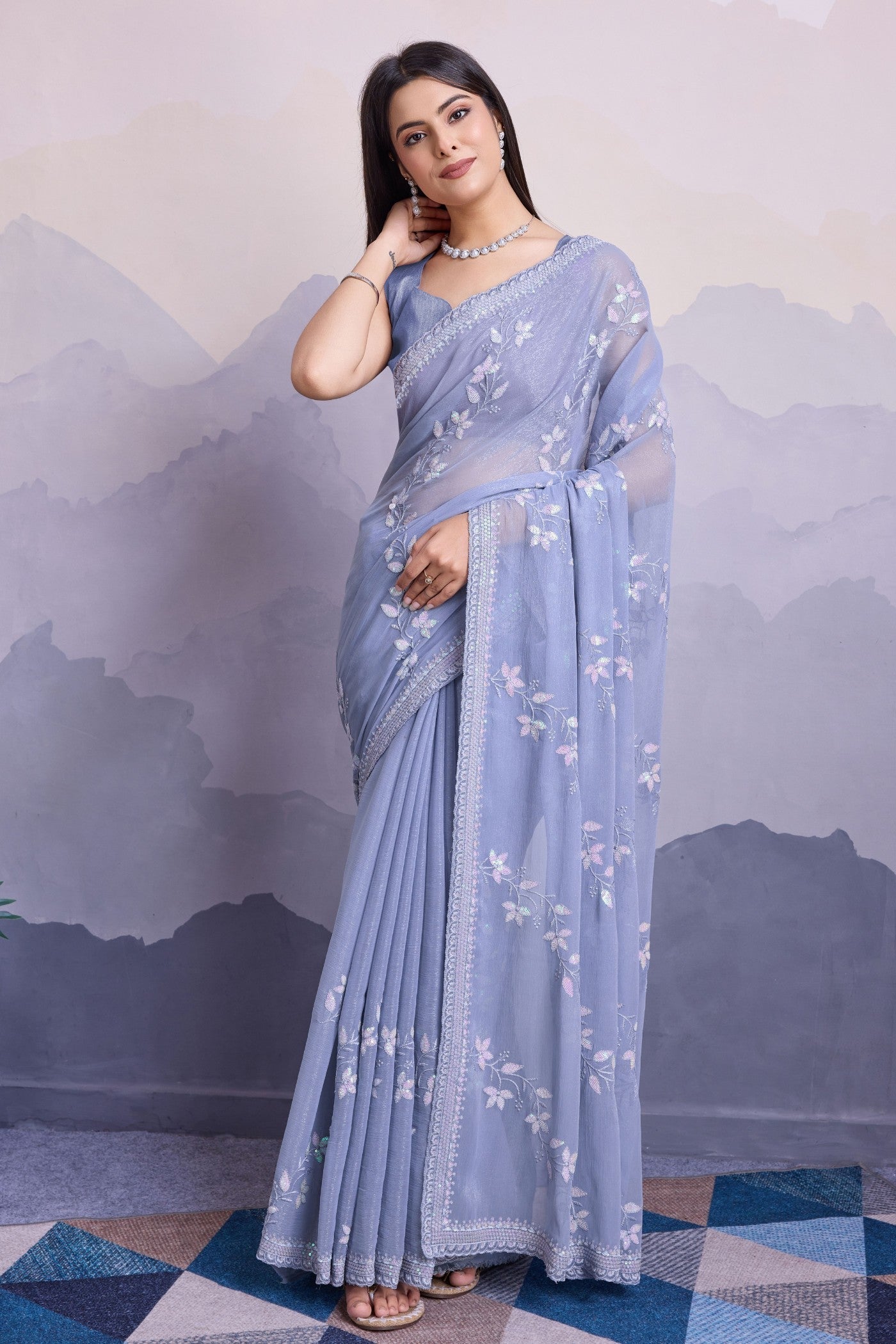 Columbia Blue Embroidered Designer Chiffon Saree