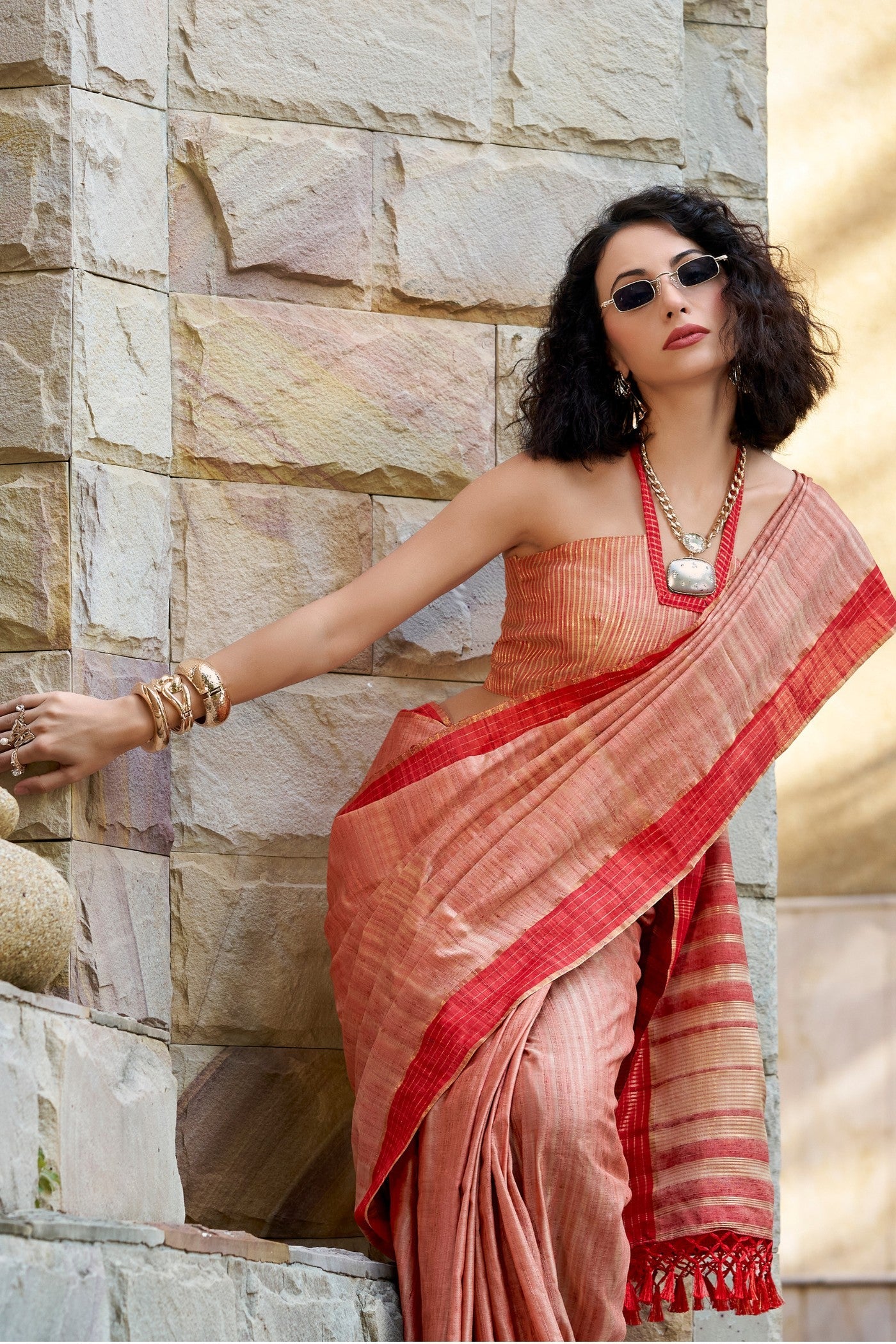 Burning Sand Peach Handloom Katan Saree