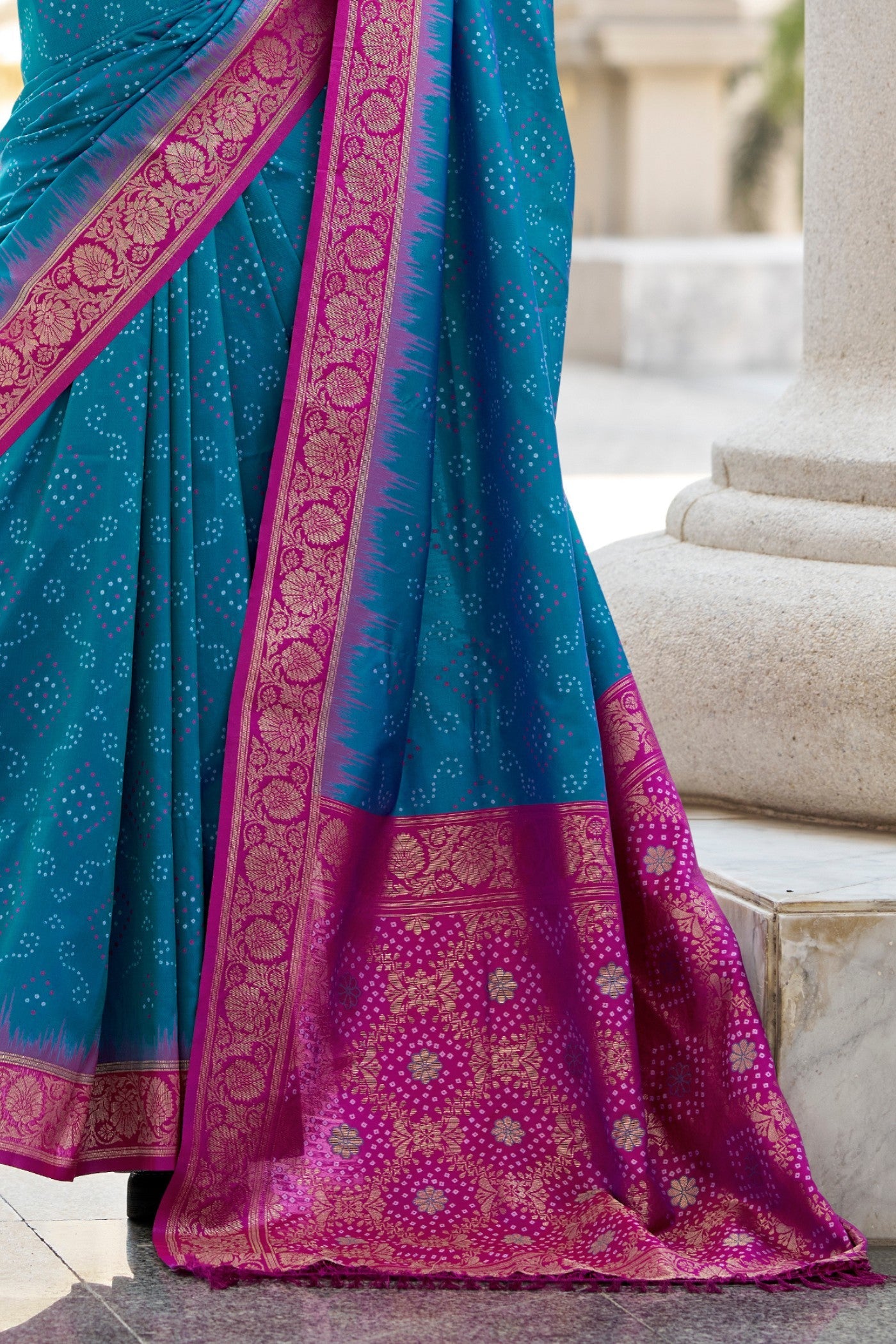 Chathams Blue Woven Banarasi Bandhani Soft Silk Saree