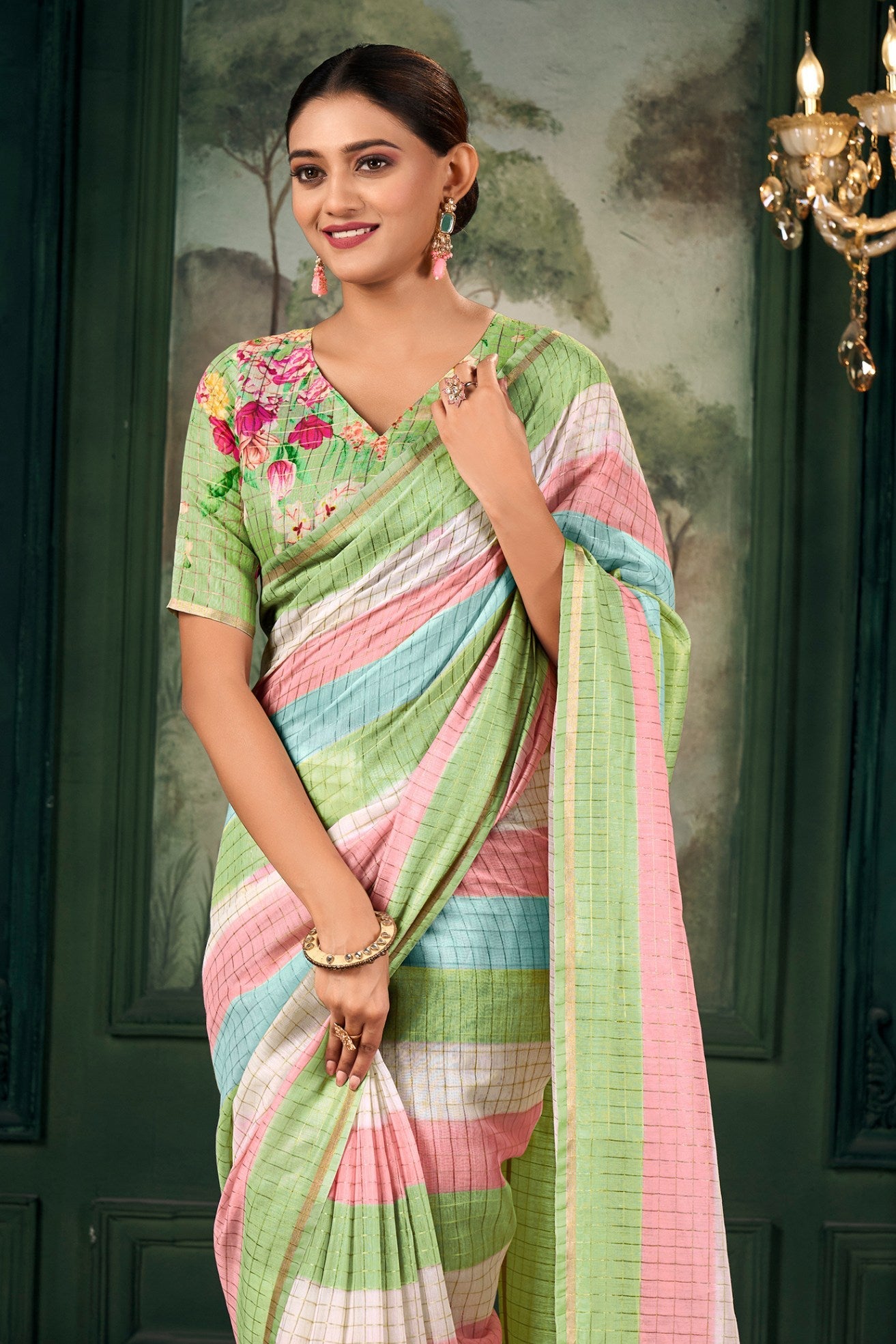 Olivine Green Chanderi Linen Saree