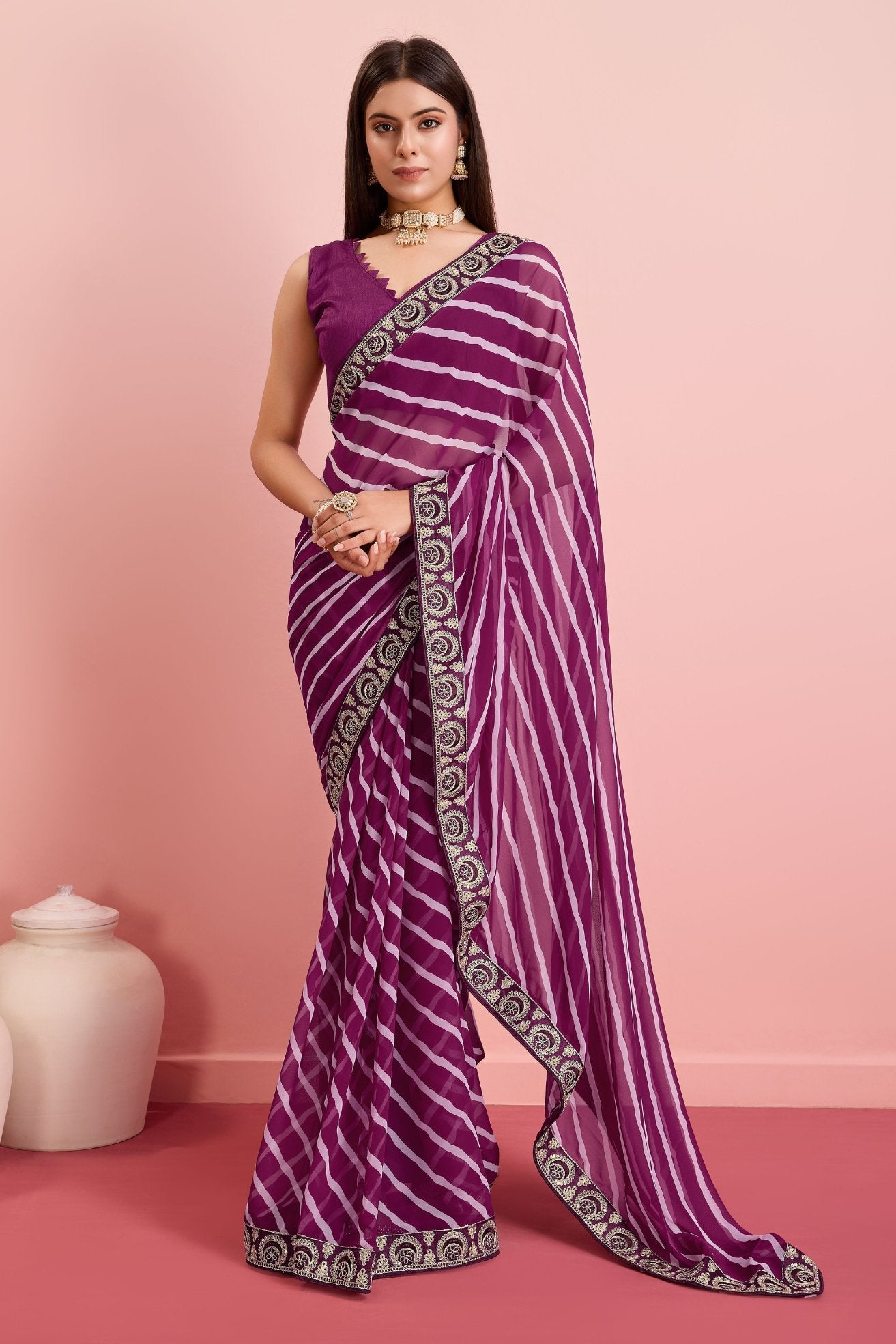 Claret Purple Georgette Lehriya Silk saree