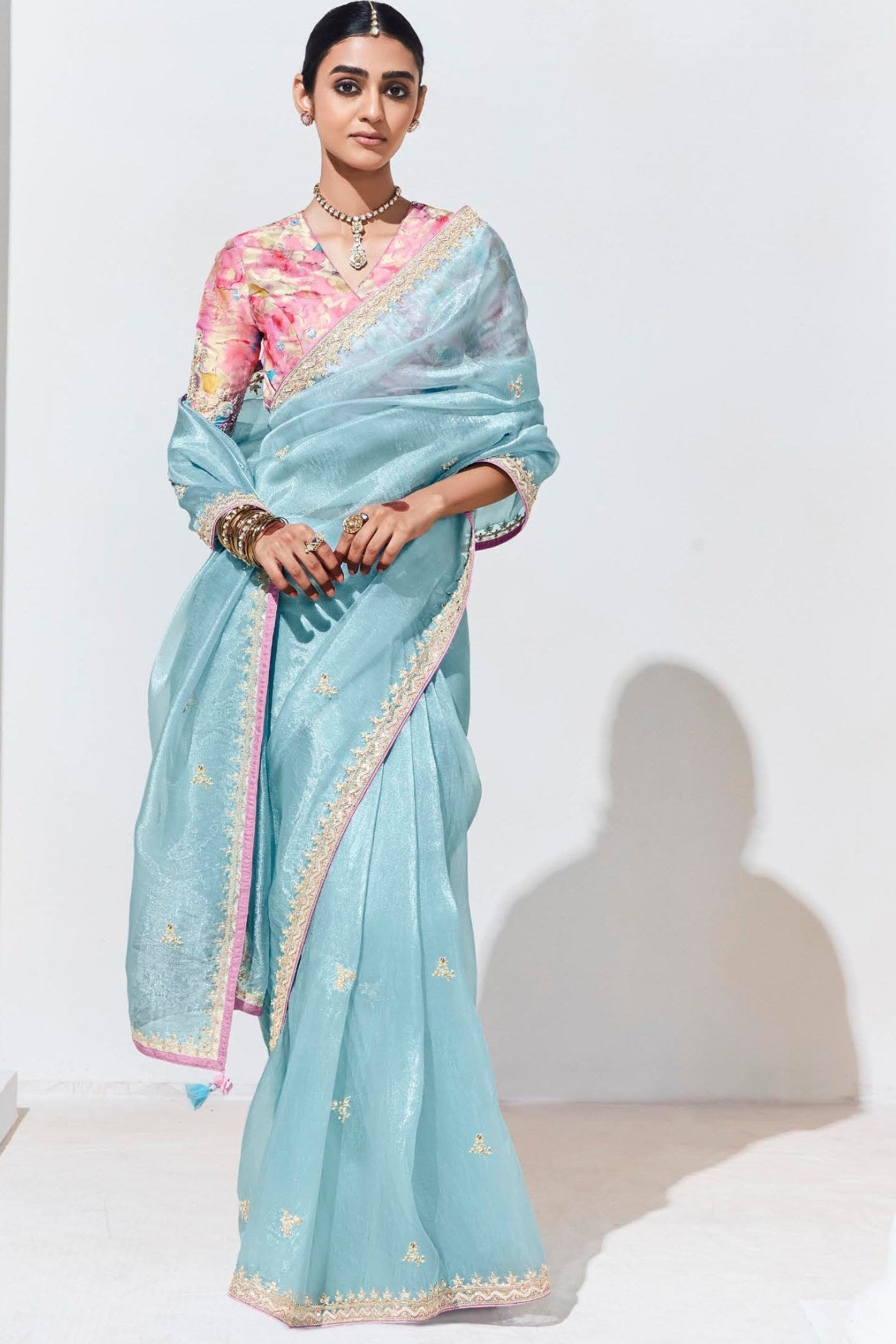 Sinbad Blue Tissue Organza Designer Partywear Saree