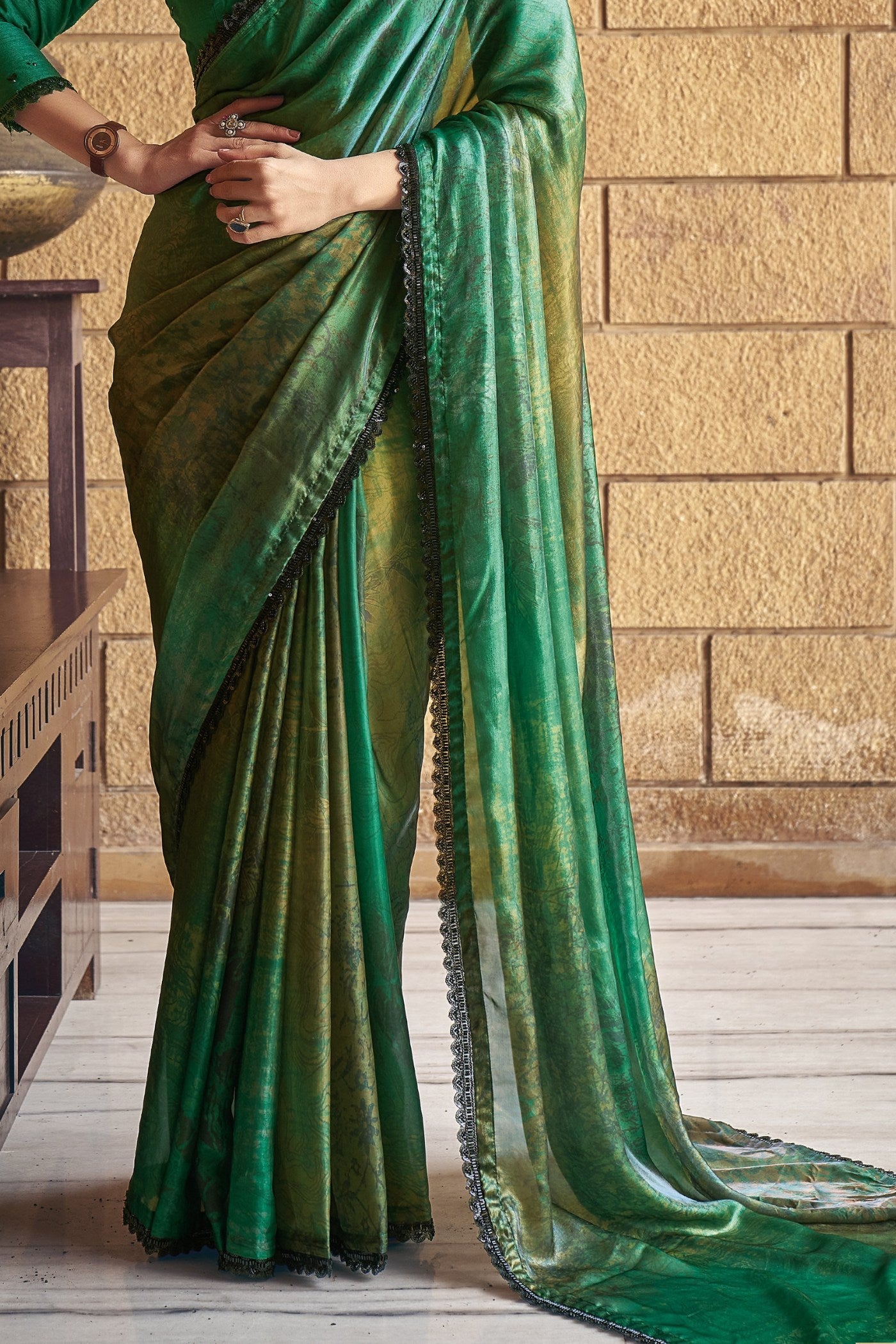 Amazon Green Satin Printed Silk Saree